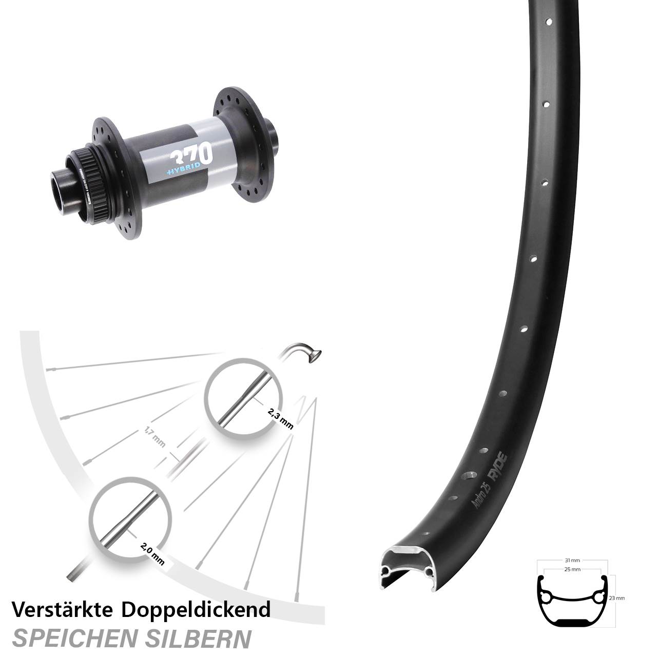 Boost Vorderrad Centerlock 15x110 28-29 Zoll Ryde Andra 25 DT Swiss 370 Hybrid