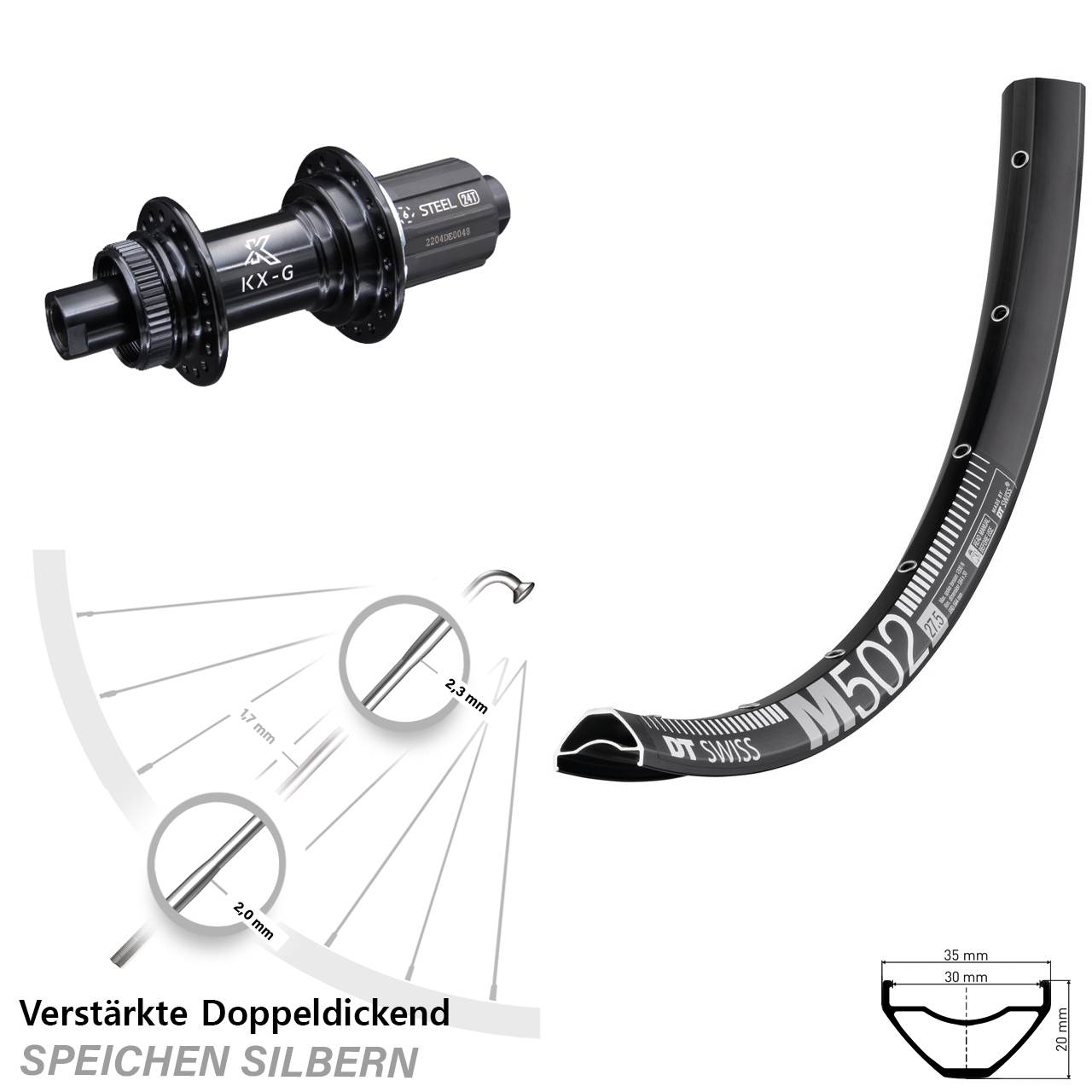 Centerlock Hinterrad 29 Zoll DT Swiss M 502 KX-GS Stahl Freilauf 8-12 fach 12x142