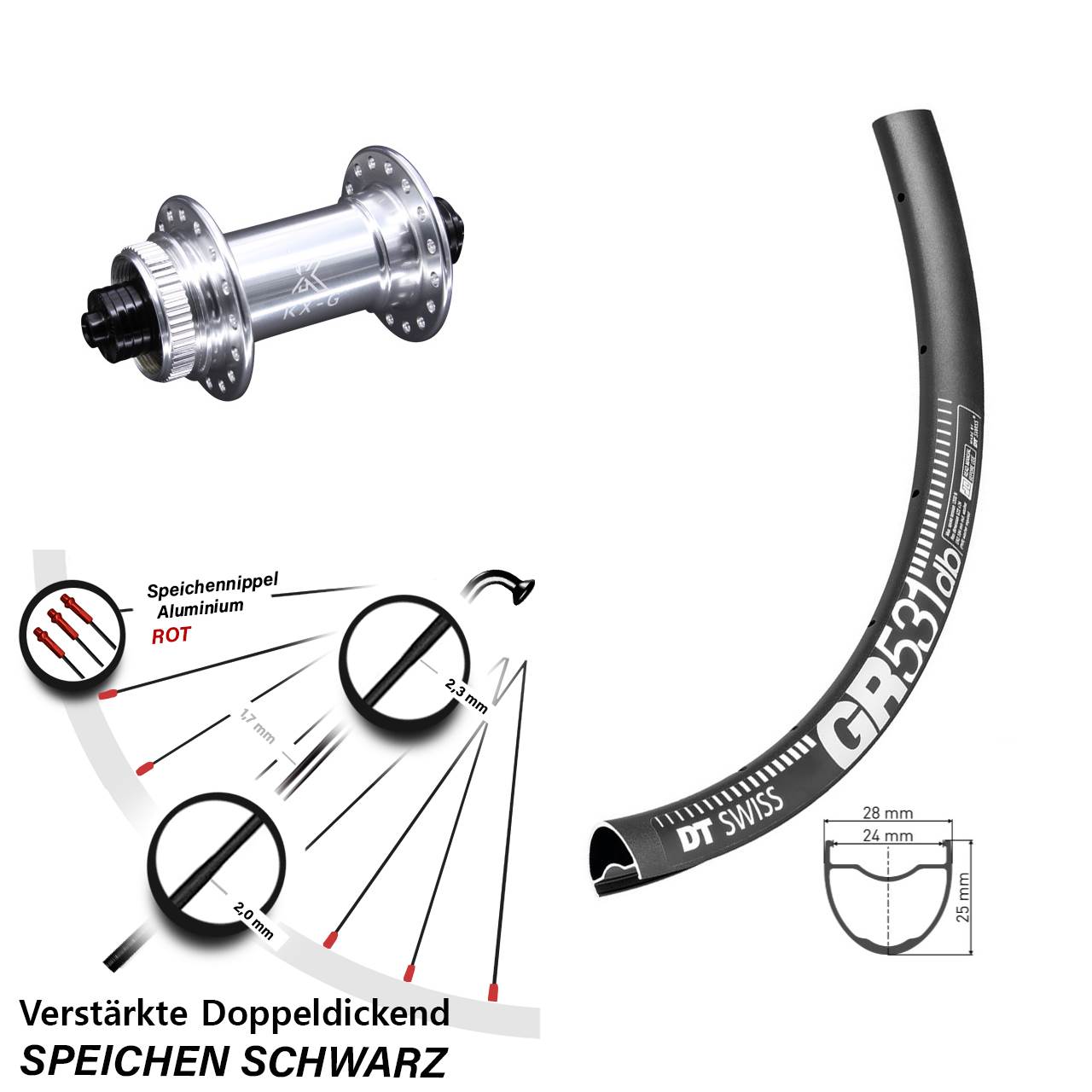 DT Swiss GR 531 Gravel Vorderrad 27,5 Zoll mit KX-G silbern Centerlock Nabe Schnellspanner