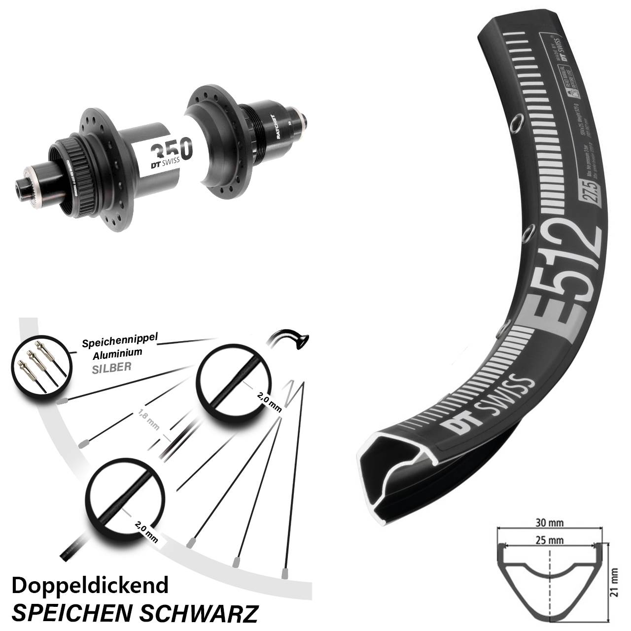27,5 Zoll DT Swiss E 512-350 Boost Centerlock Hinterrad QR Boost SRAM XD