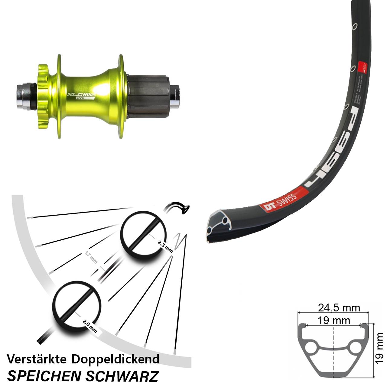 28 Zoll DT Swiss 466d XLC grün Disc Hinterrad 12x142 8-11 fach