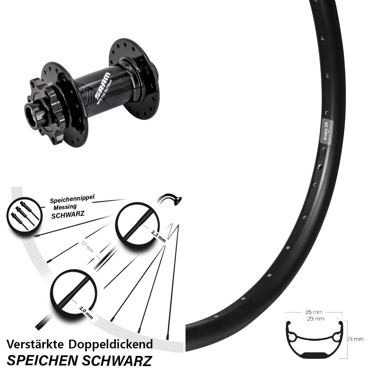 26 Zoll Ryde Andra 29 Sram 716 Vorderrad 6-Loch 15x110 Boost