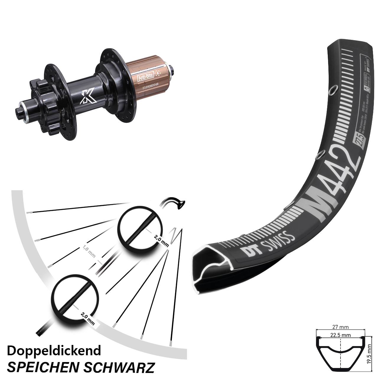 29 Zoll Hinterrad KX-M schwarz 6-Loch 8-12 fach DT Swiss M 442 Schnellspanner