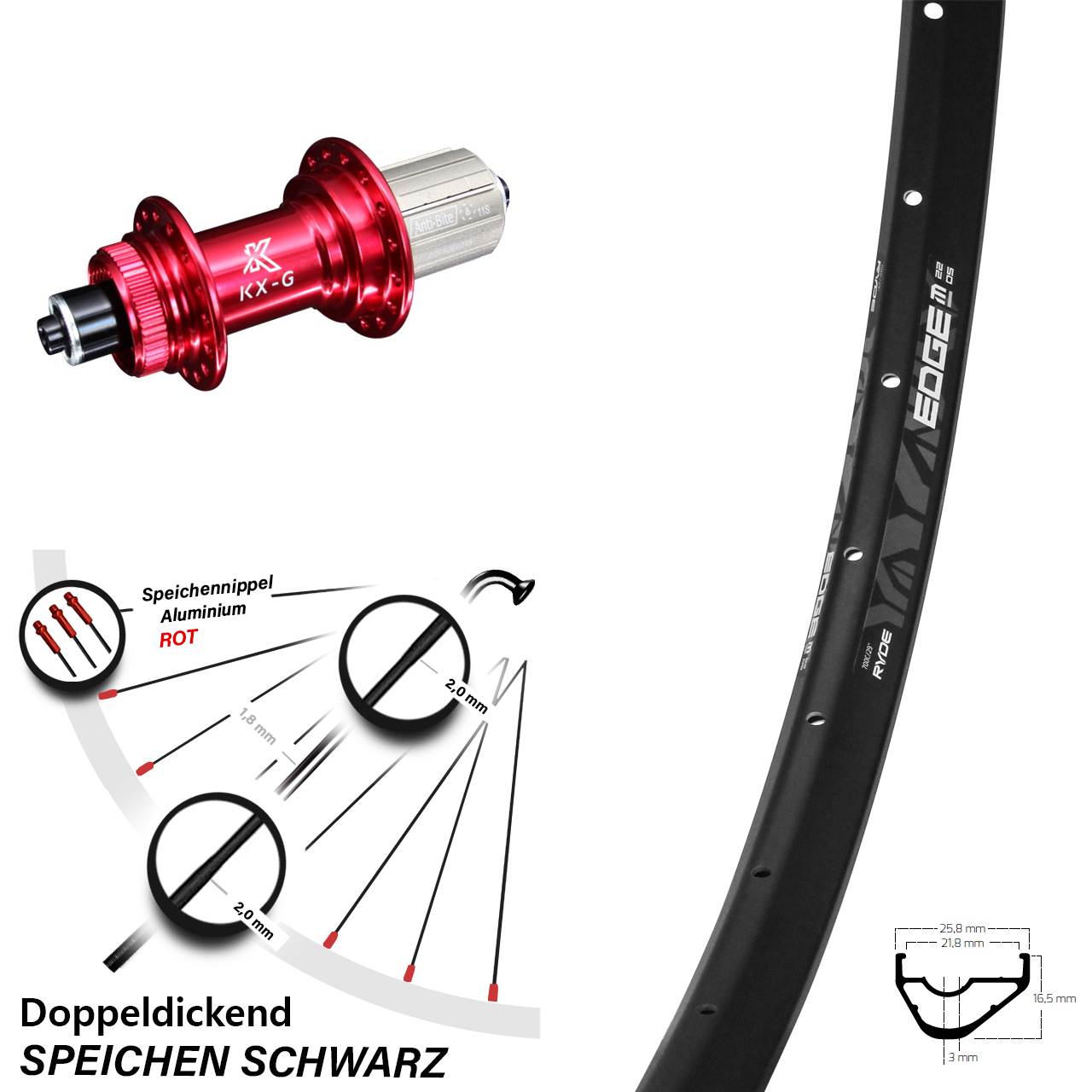 Hinterrad 28 Zoll Ryde Edge M22 KX-G rot 8-12 fach