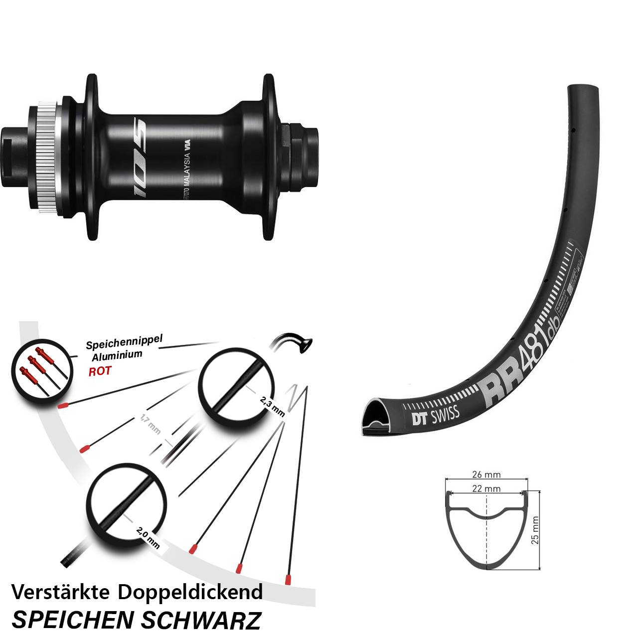 verstärktes 28 Zoll Vorderrad DT Swiss RR 481 DB mit Shimano 105 Nabe Centerlock