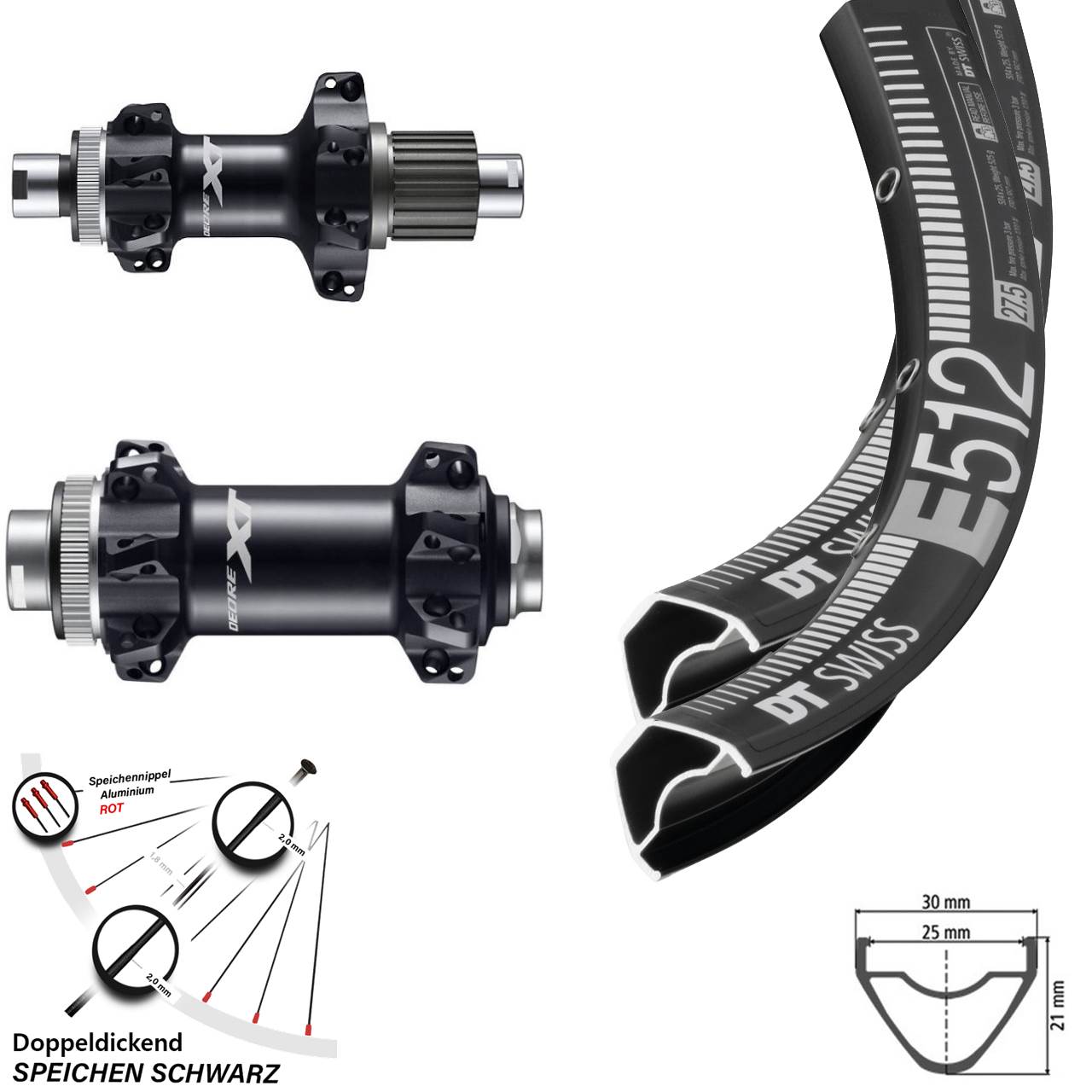 Laufradsatz 27,5 Zoll Shimano XT Boost Straightpull DT Swiss E 512 12-fach Micro Spline