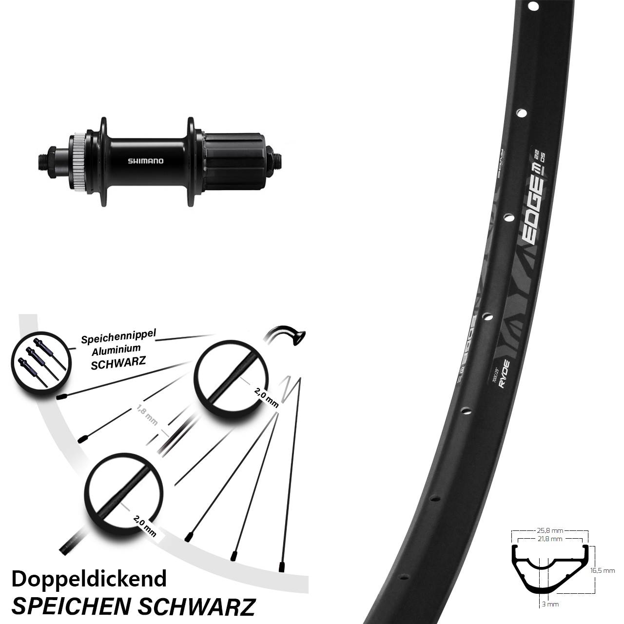 Disc Laufrad 28 Zoll Ryde Edge M22 OS Shimano FH-QC400 8-11 fach HG für Schnellspanner