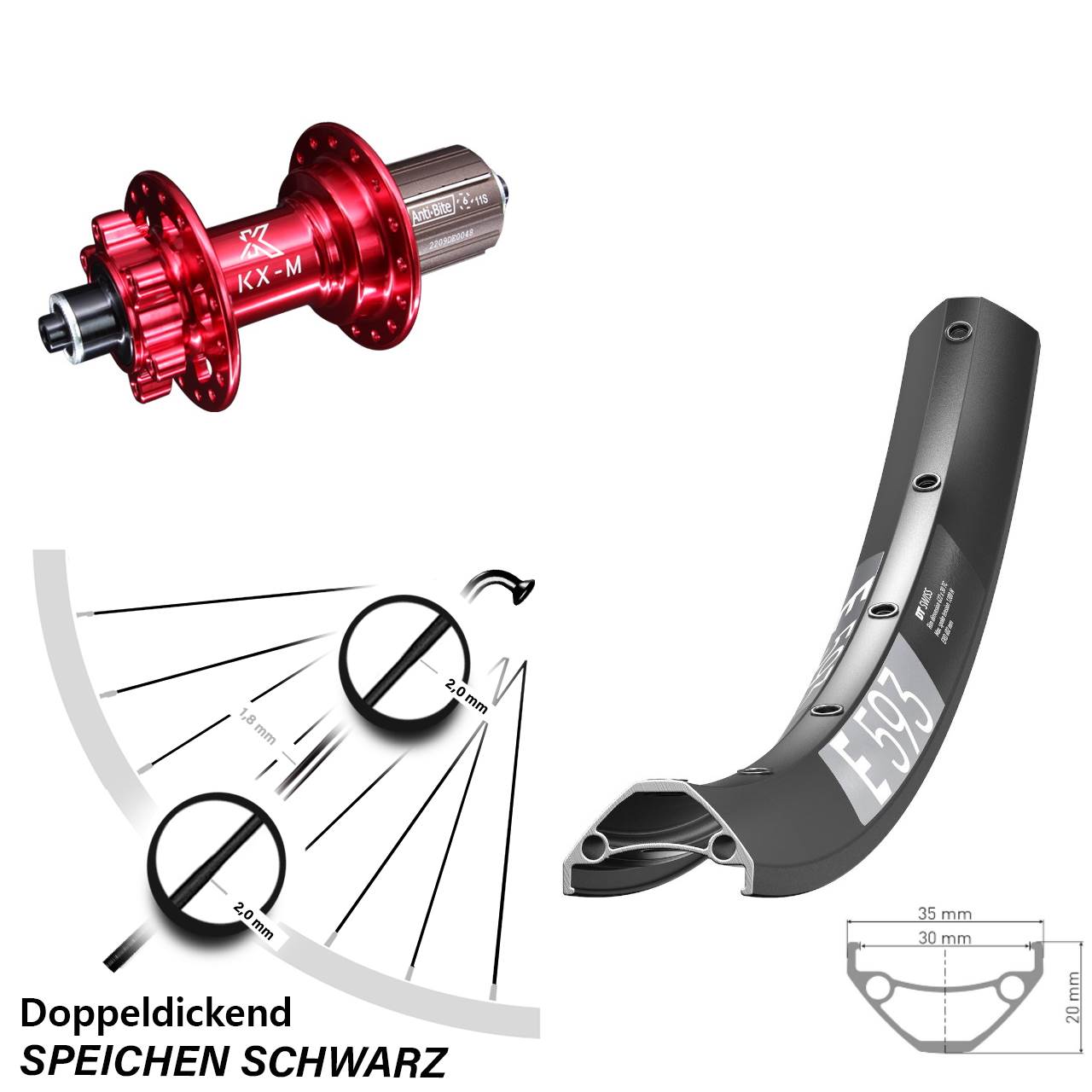 27,5 Zoll DT Swiss E593 KX-M rot Disc Hinterrad für Schnellspanner 8-12 fach