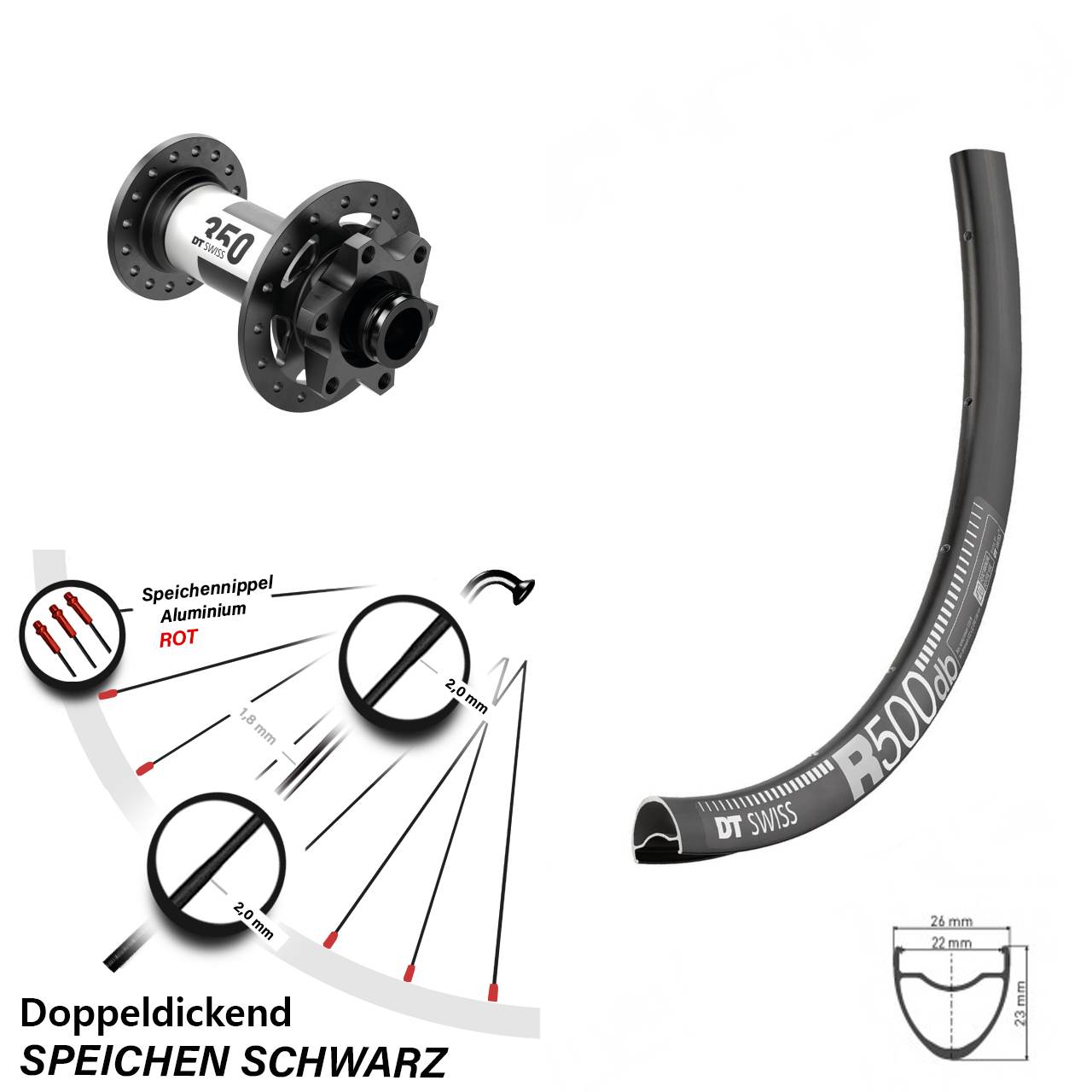 Vorderrad DT Swiss 350 R 500 28 Zoll 6-Loch für 15 mm Steckachse
