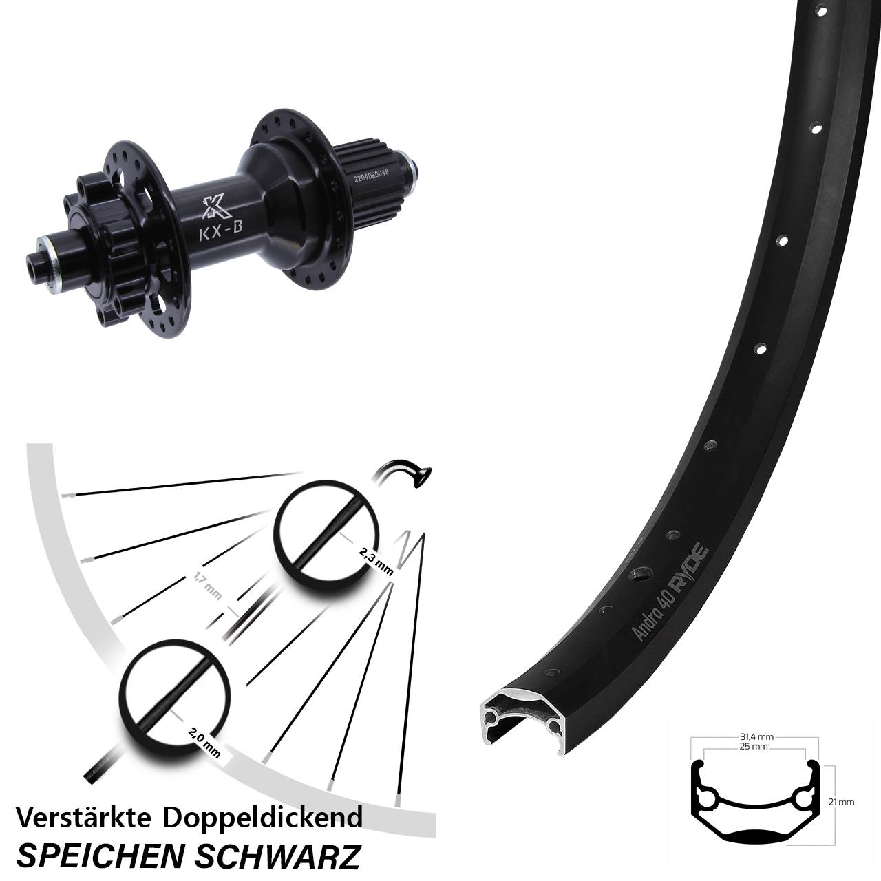 Ryde Andra 40 Disc KX-B 27,5 Zoll Hinterrad 6-Loch QR Boost Micro Spline
