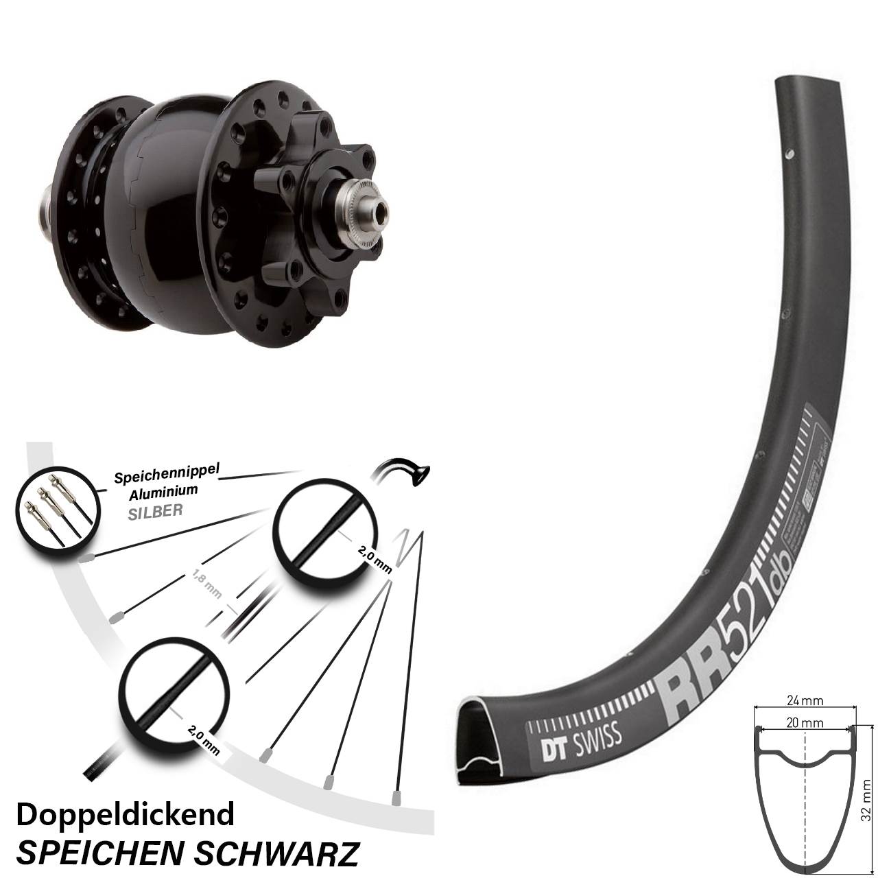 Nabendynamovorderrad 6-Loch 28 Zoll DT Swiss RR521 SON 28 für Schnellspanner