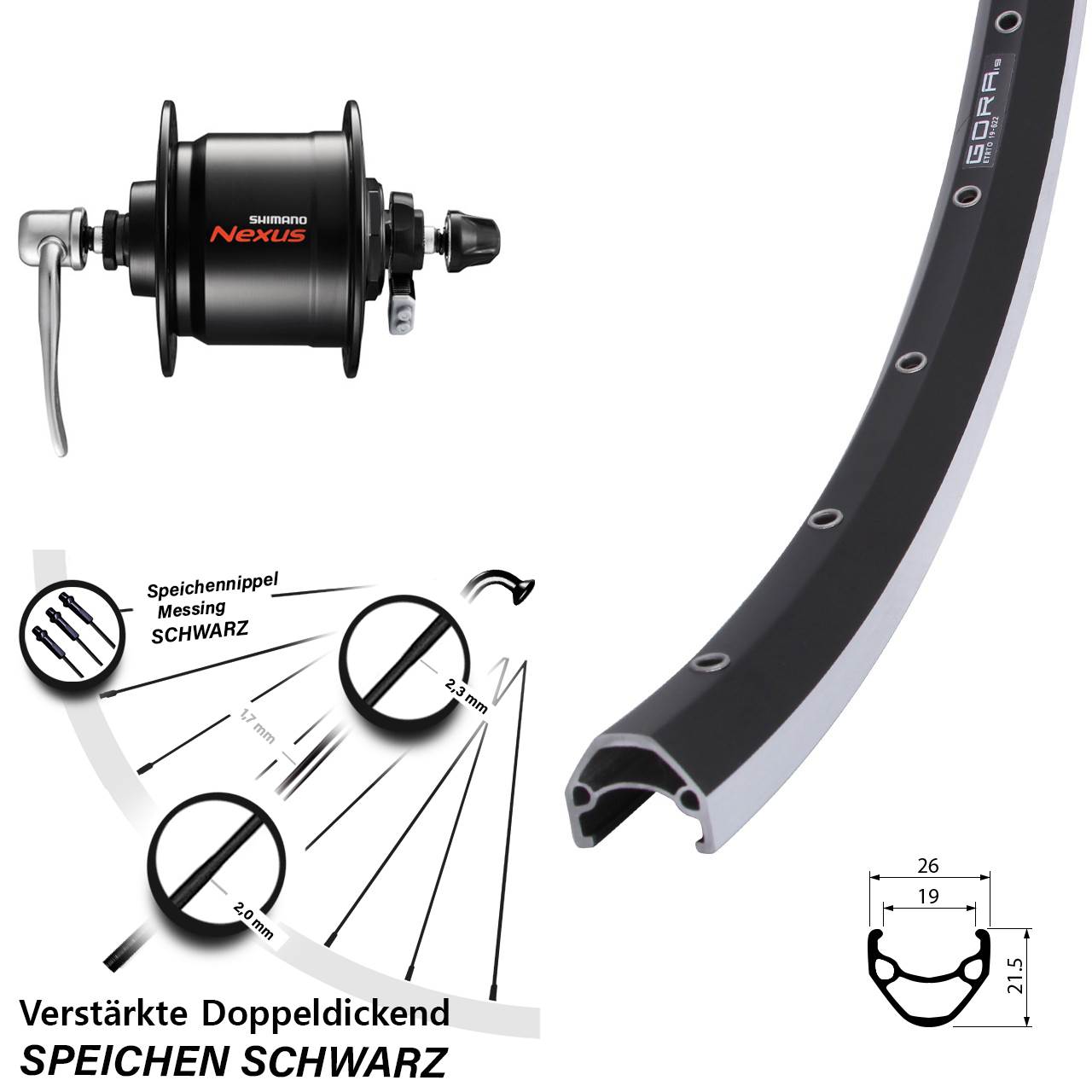 Nabendynamovorderrad für Schnellspanner 28 Zoll Gora 19 Shimano Nexus DH-C3000-3N-QR