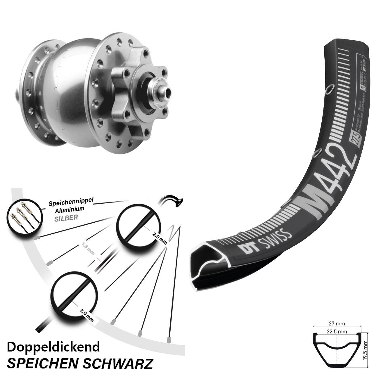 6-Loch Vorderrad mit Nabendynamo QR 29 Zoll DT Swiss M442 SON 28