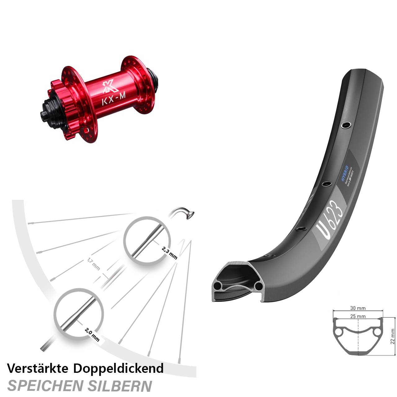 6-Loch Vorderrad QR 28-29 Zoll DT Swiss U623 KX-M rot