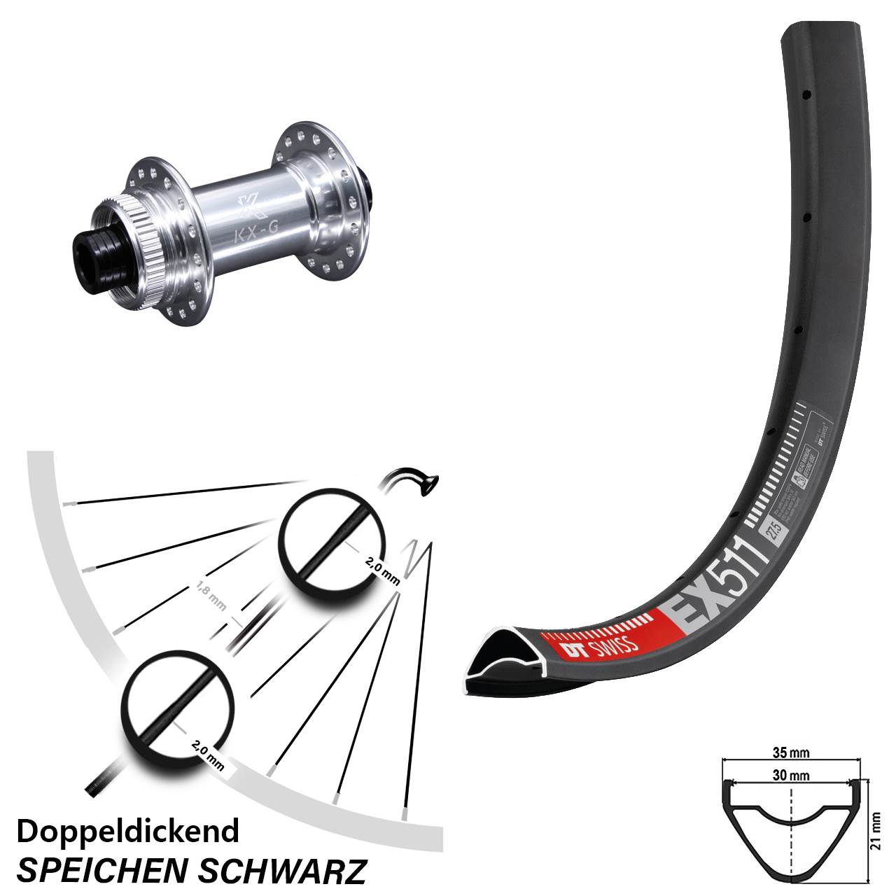 DT Swiss EX 511 Vorderrad 29 Zoll KX-G silbern 15x100