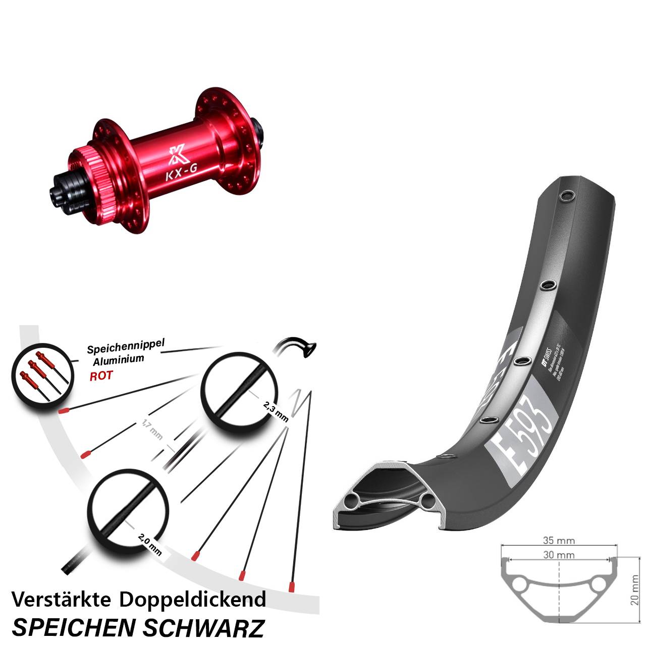 29 Zoll DT Swiss E 593 KX-G rot Centerlock Vorderrad für Schnellspanner
