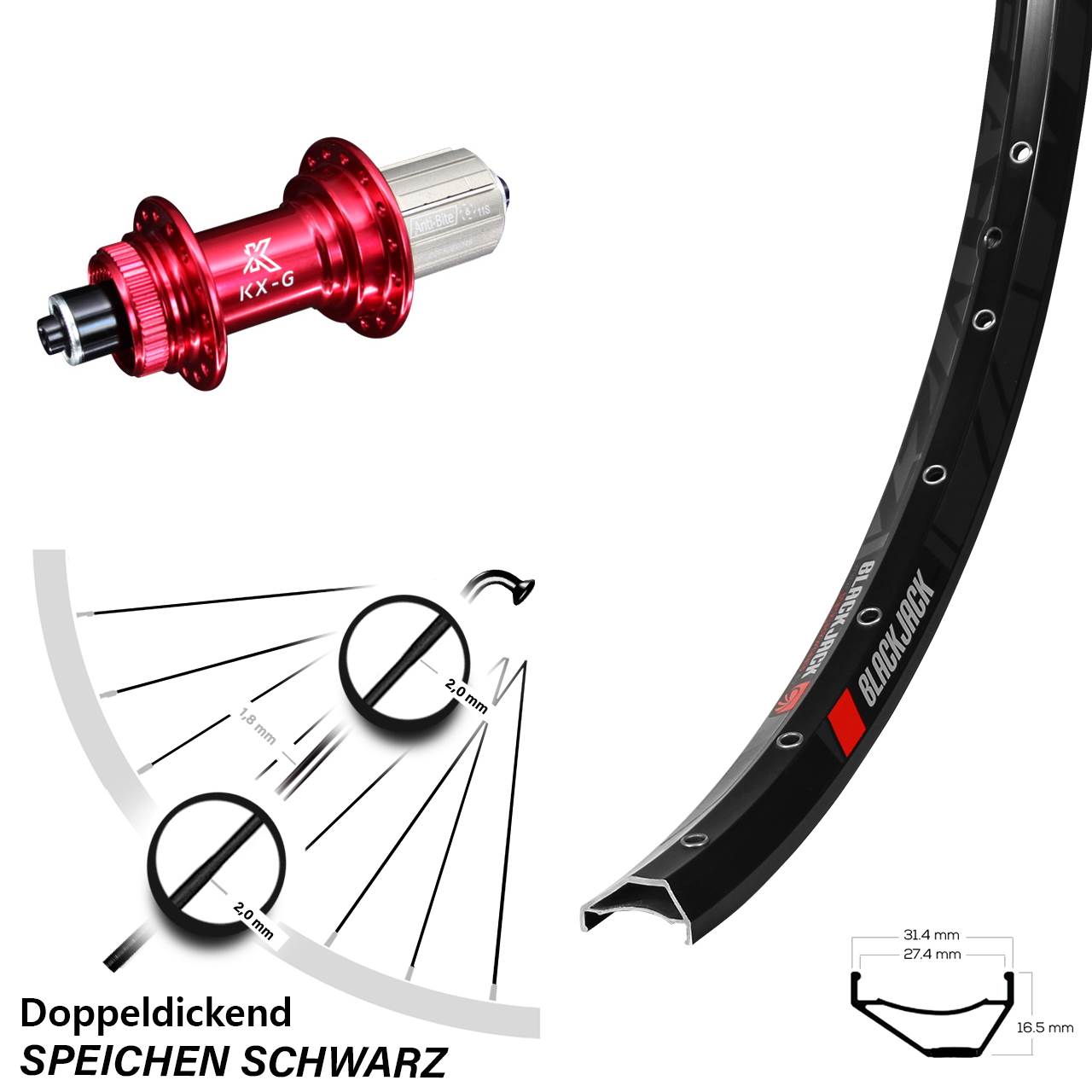 650B Rodi Ready 27 KX-G rot Disc Hinterrad QR 8-12 fach HG