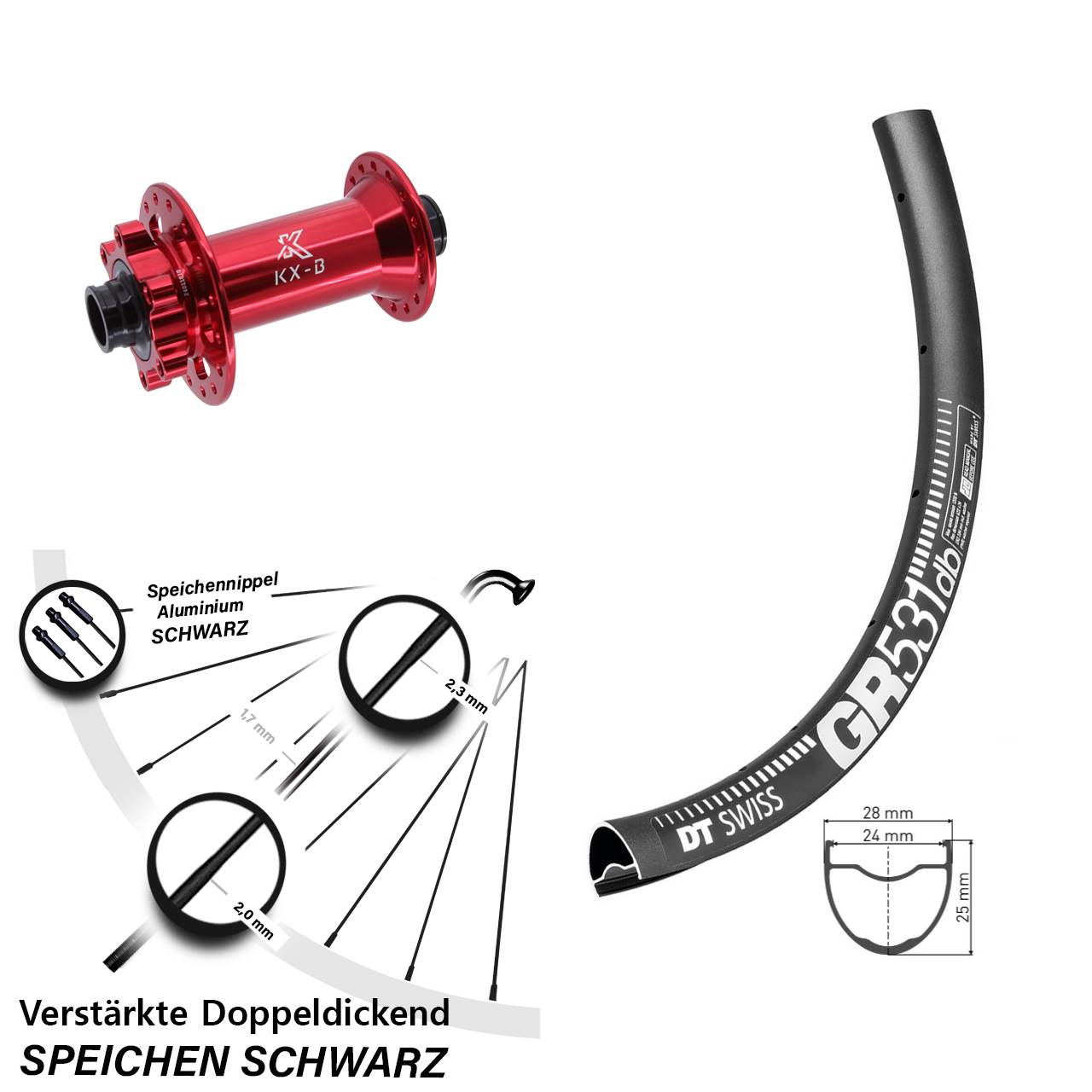 6-Loch Vorderrad 28 Zoll DT Swiss GR531 KX-B rot 15x110 Boost