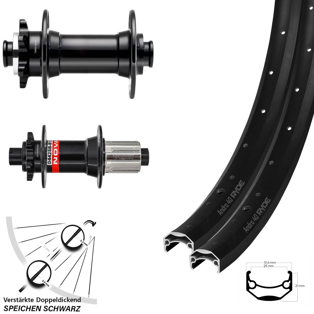 Ryde Andra 40 Novatec D341-B15 D442 26 Zoll Disc Laufradsatz 15x110 12x148 8-12 fach H