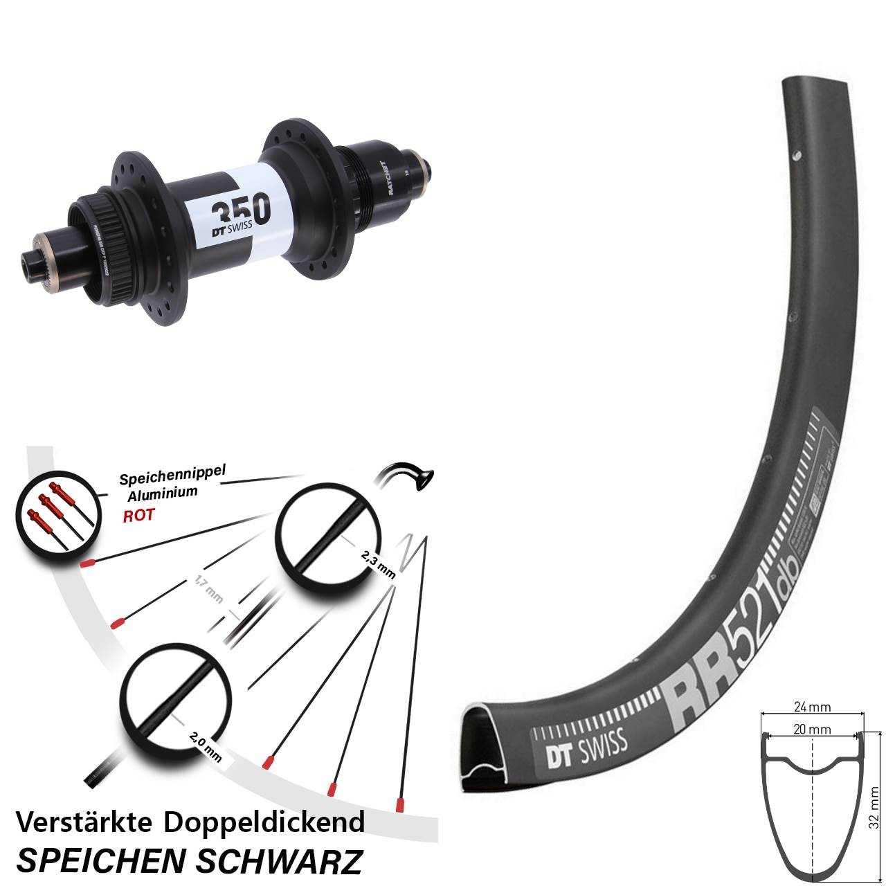 28 Zoll DT Swiss RR 521-350 Disc Hinterrad für Schnellspanner XD 11-12 fach