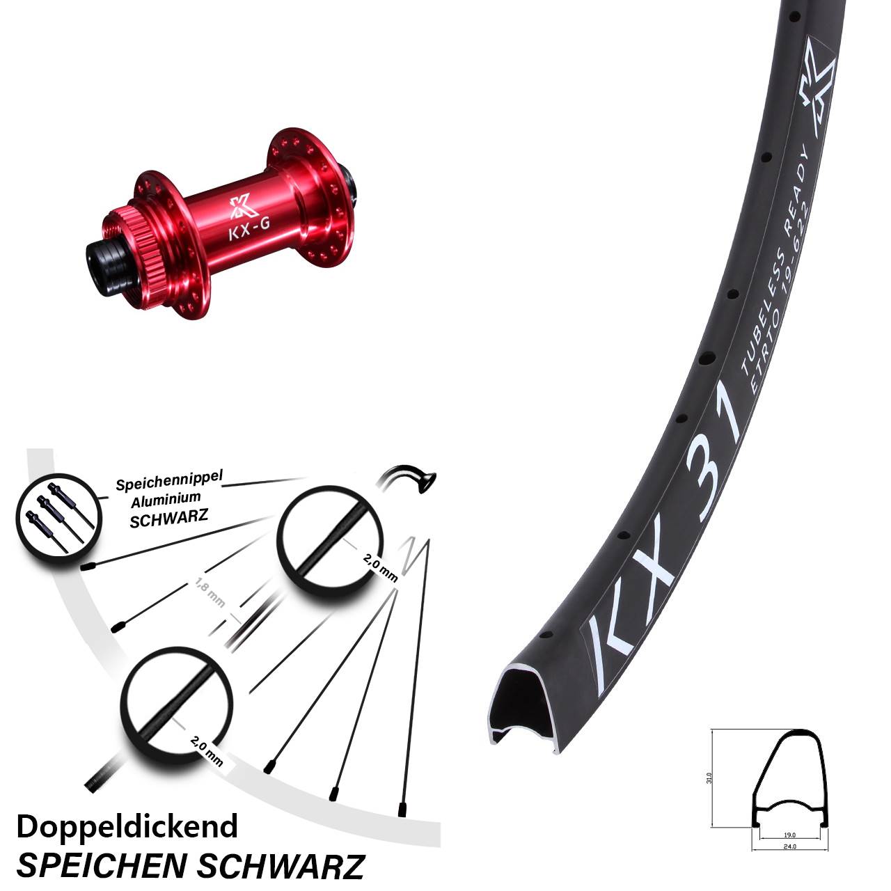 Centerlock Vorderrad 28 Zoll KX31 OS KX-G rot 12x100