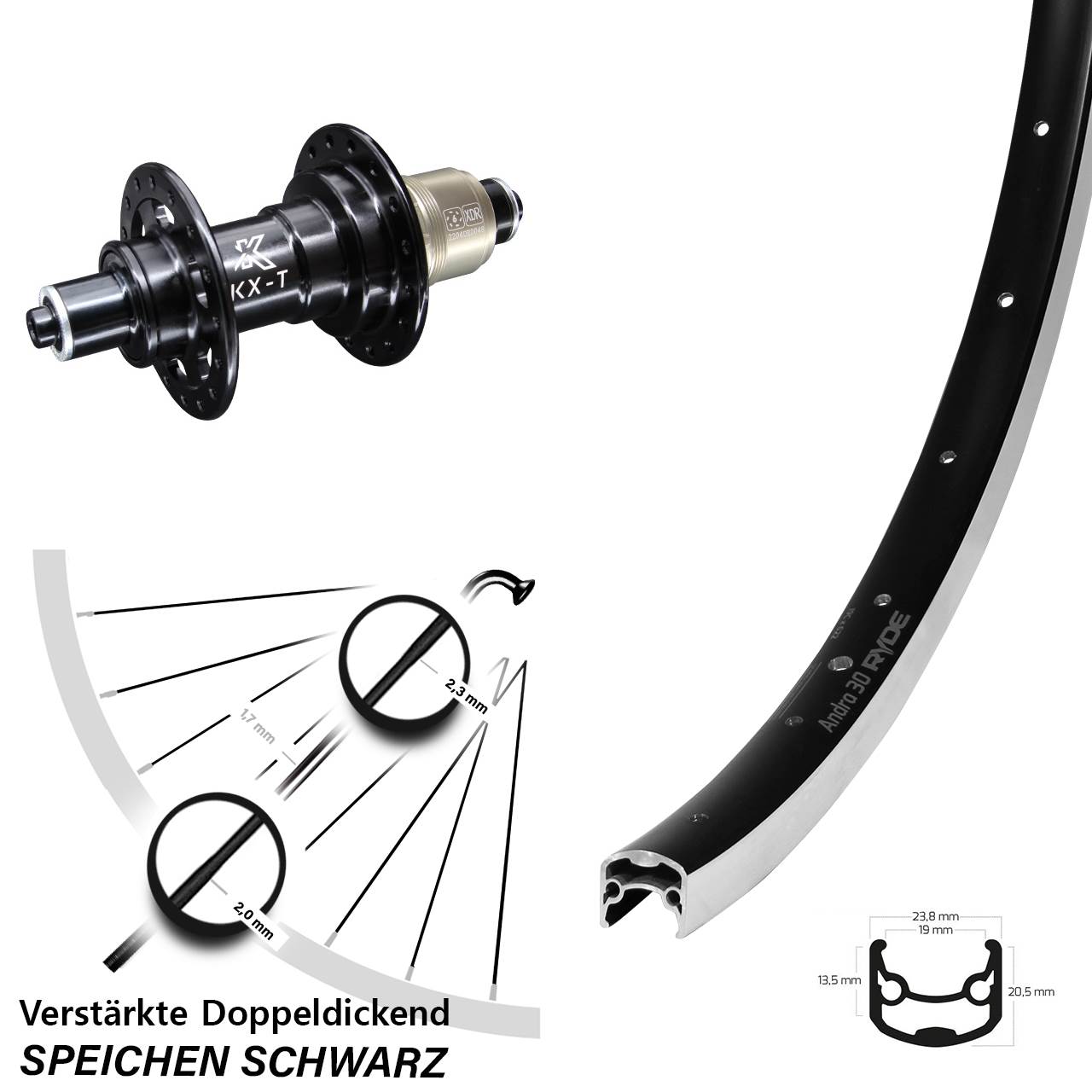 28 Zoll Hinterrad KX-T schwarz Sram XD 5x135 mm Ryde Andra 30 Bikepacking verstärkt