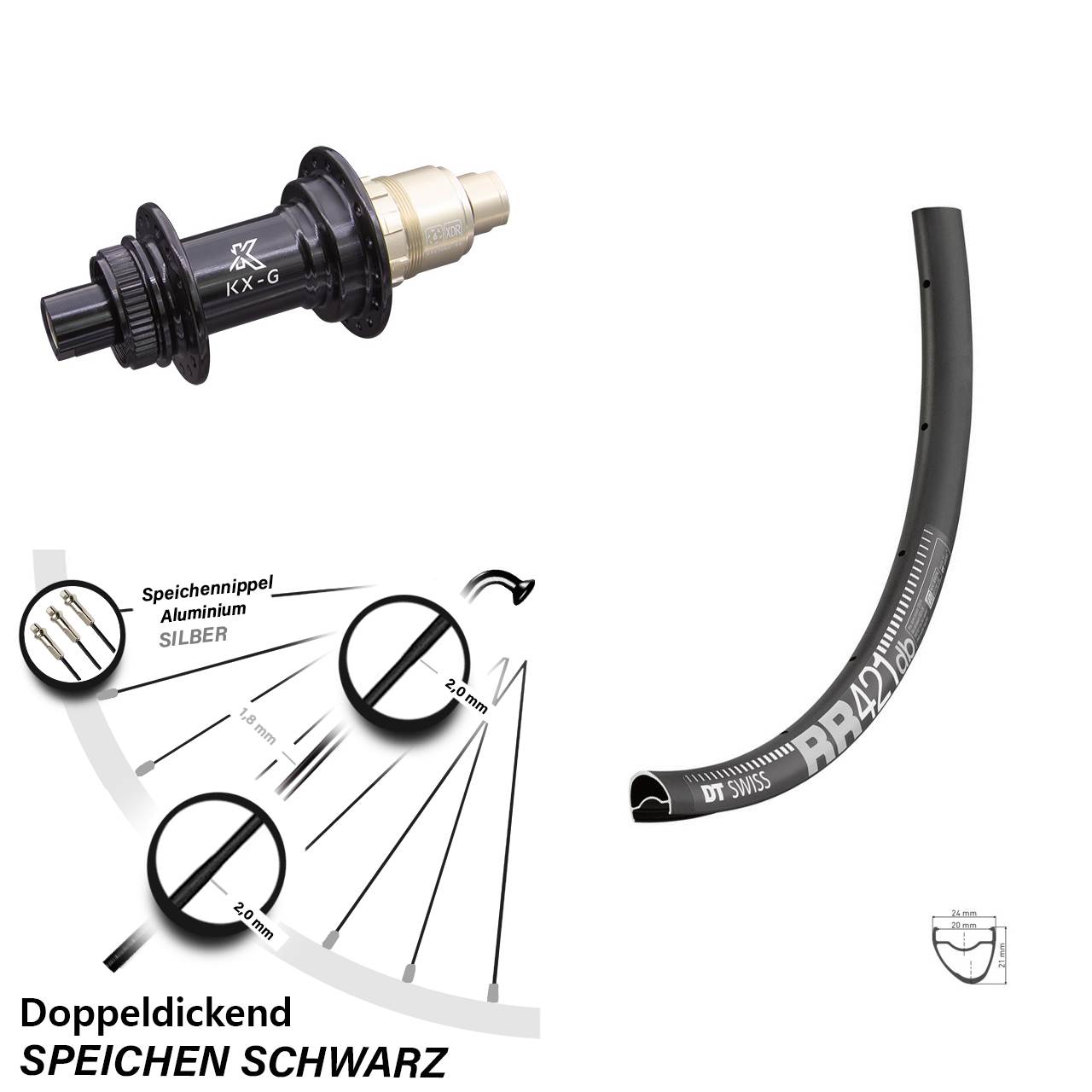 DT Swiss RR 421 DB Hinterrad 28 Zoll mit KX-G Nabe Steckachse 12x142 mm Sram XD-R