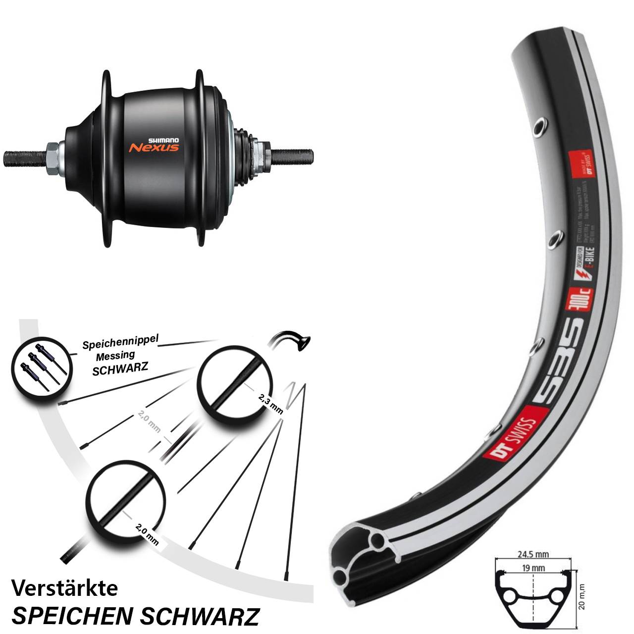 26 Zoll Hinterrad Shimano Nexus 8 Gang Freilauf DT Swiss 535 schwarz