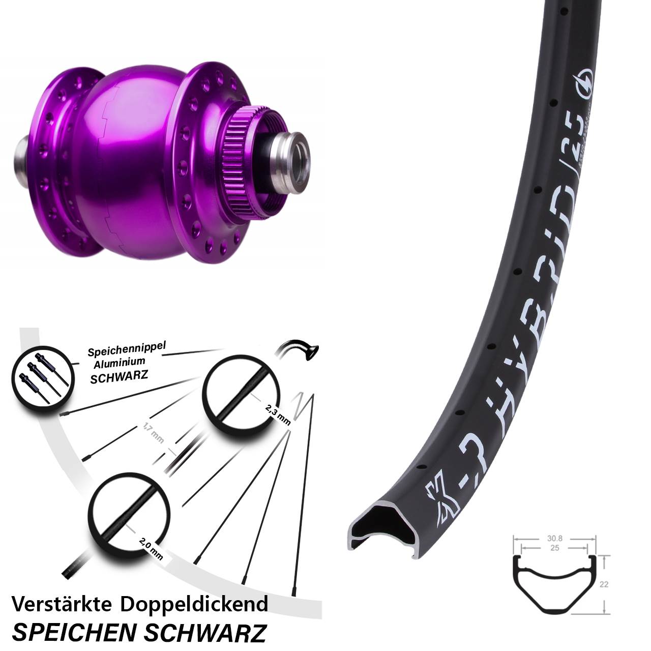 Disc Nabendynamo-Laufrad 26 Zoll KX-R Hybrid 25 SON 28 violett 12x100