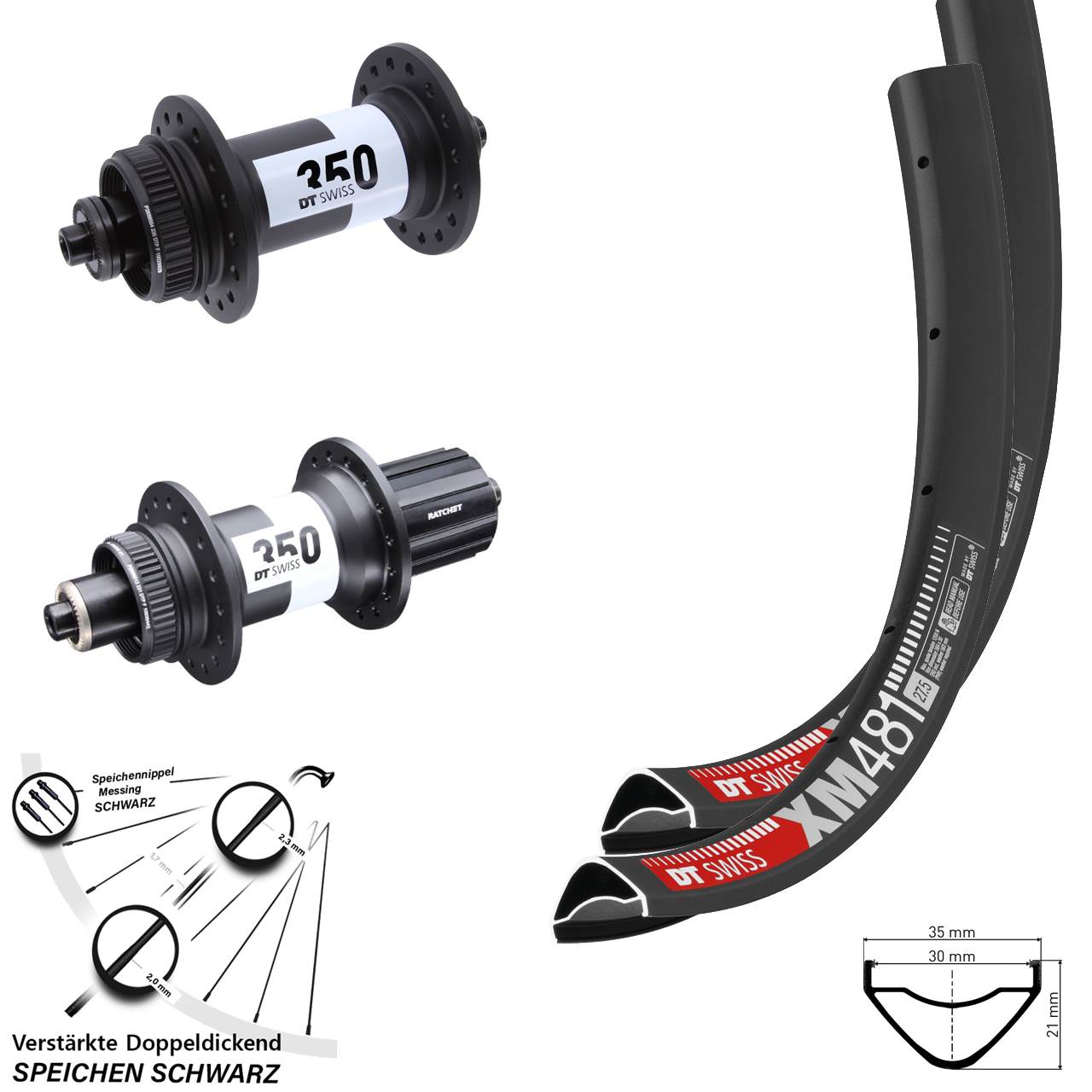 27,5 Zoll DT Swiss XM481-350 Ratchet 36 Disc Laufrad-Satz für Schnellspanner 8-11 fach