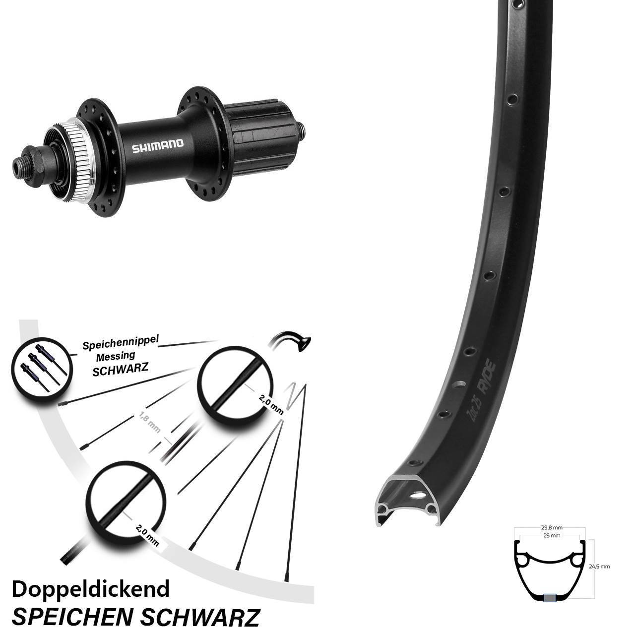 Hinterrad Centerlock QR 29 Zoll Ryde ZAC 25 Shimano FH-M4050 8-11 fach