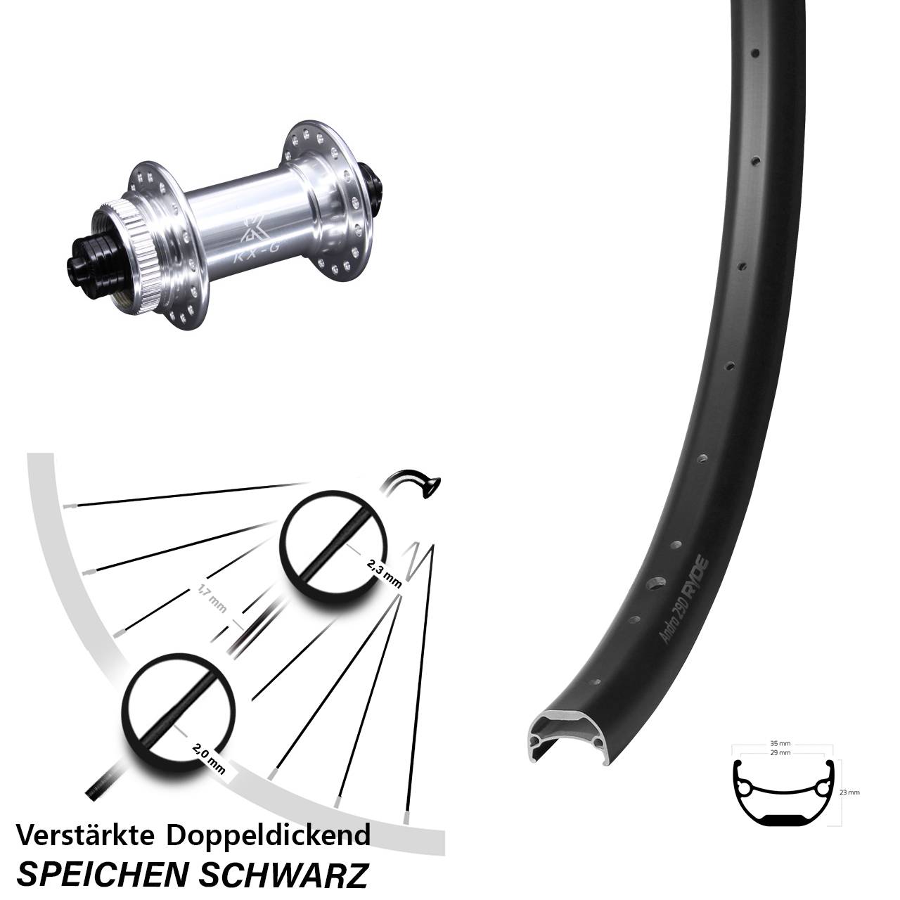 Ryde Andra 29-622 ETRTO E-Bike Vorderrad KX-G silbern 5x100 mm Centerlock