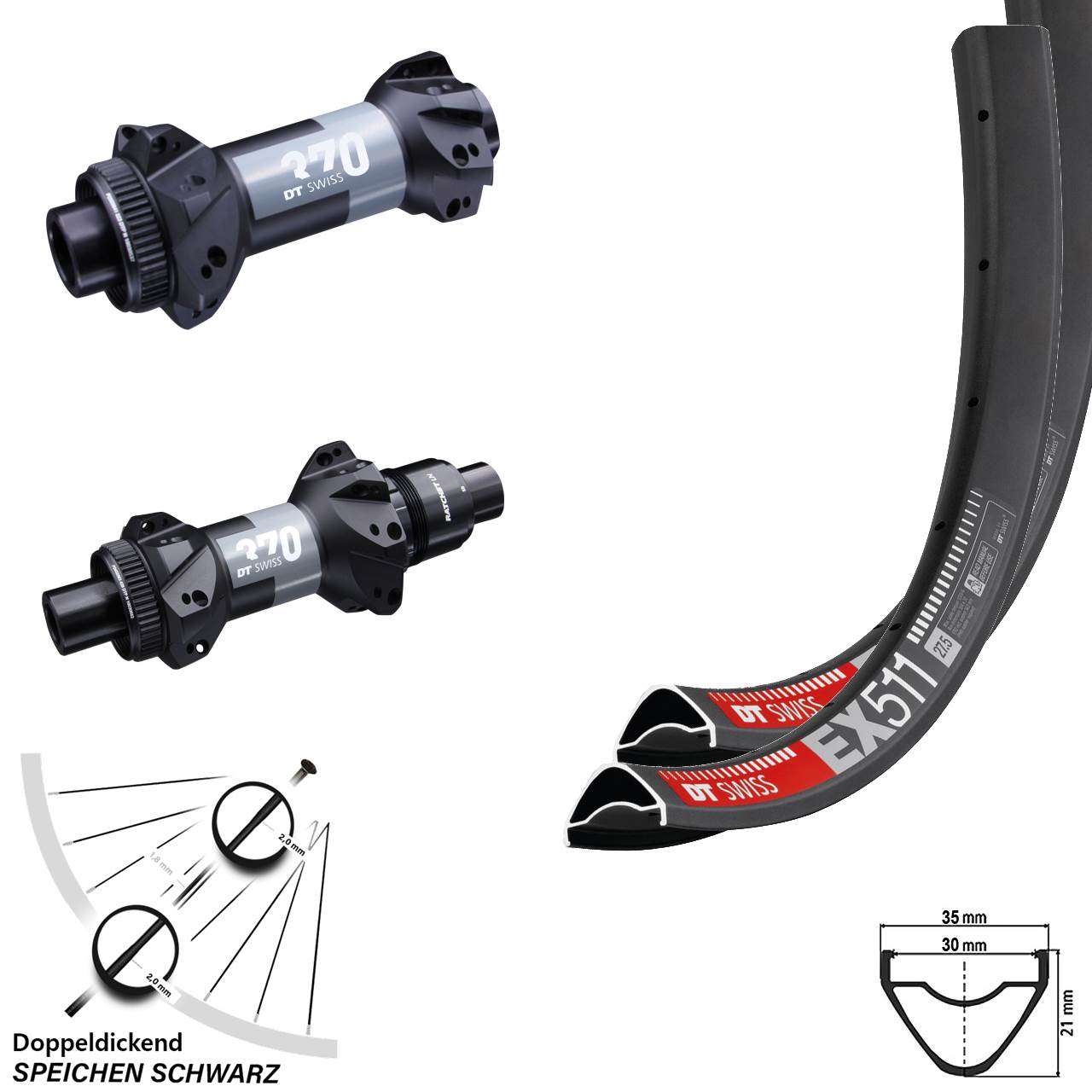 Laufradsatz 27,5 Zoll Straightpull 370 DT Swiss EX 511 Boost 15x110 12x148 Sram XD