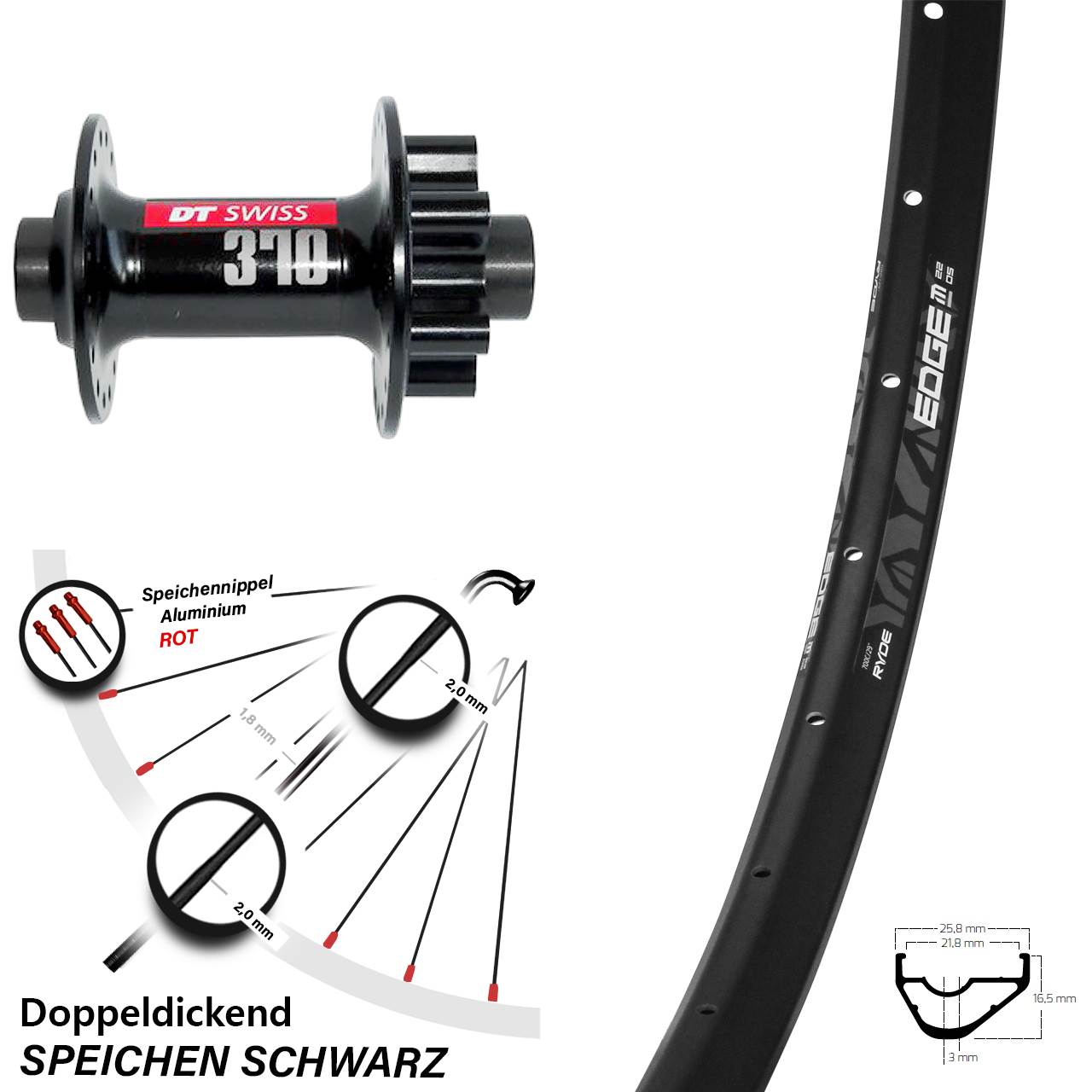 Disc Vorderrad 28-29 Zoll Ryde Edge M22 OS DT Swiss 370 12x100