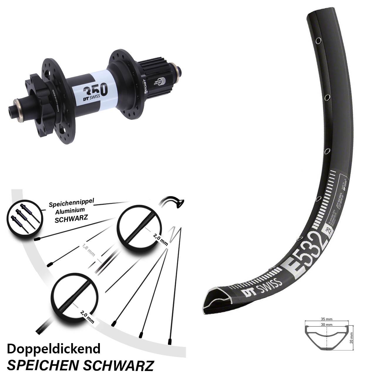 DT Swiss E 532 350 29 Zoll Hinterrad 6-Loch QR Boost Shimano Micro Spline