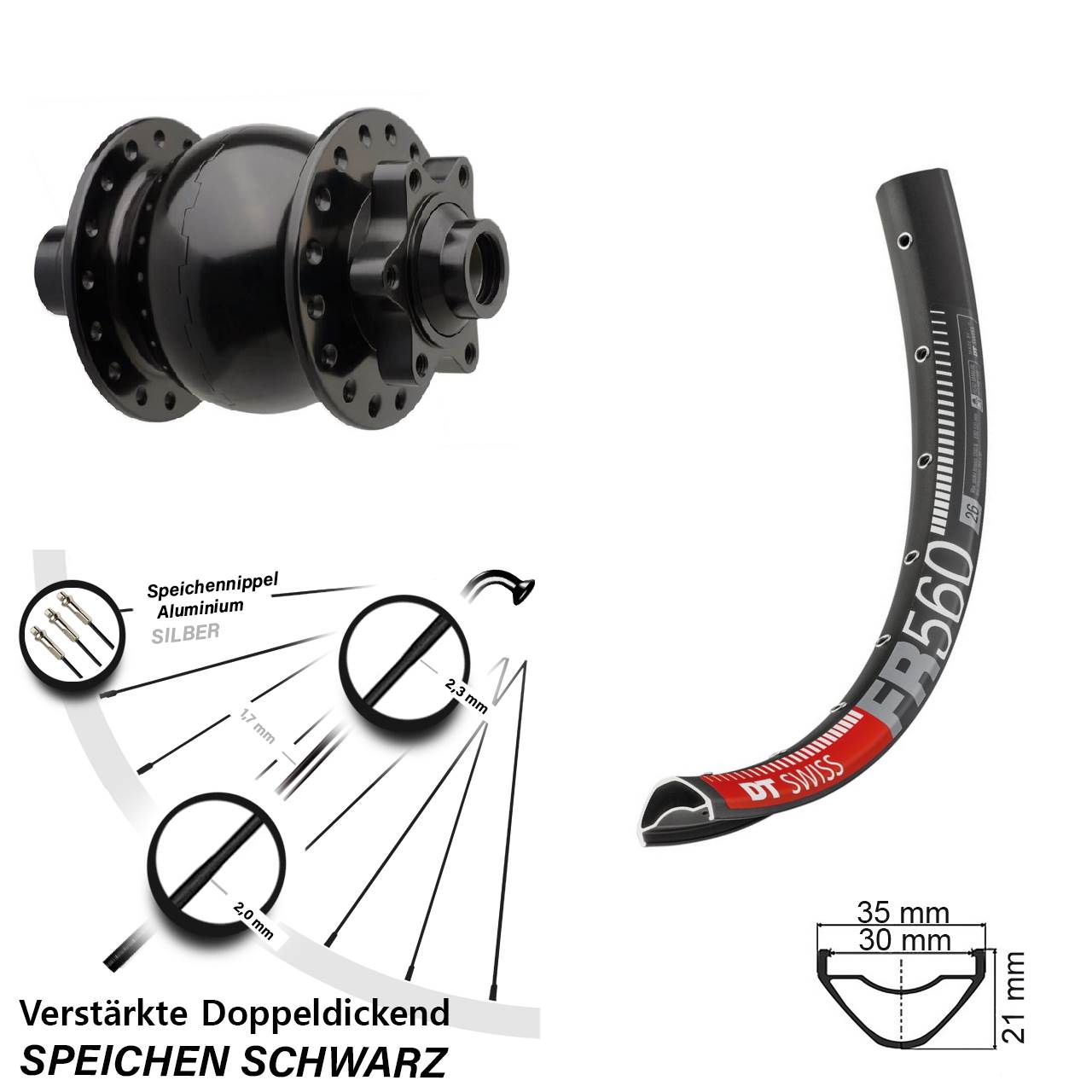 6-Loch Dynamo-Vorderrad 26 Zoll DT Swiss FR560 SON 28 15x110 Boost