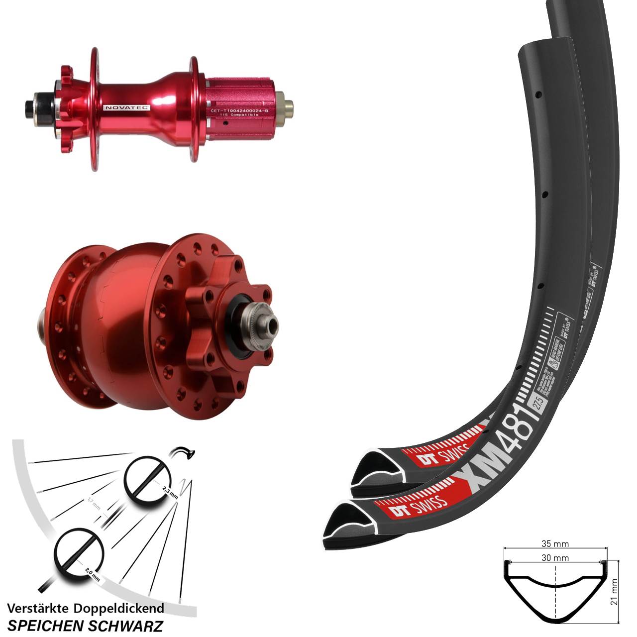 Disc Laufradsatz QR 27,5 Zoll DT Swiss XM 481 Novatec D792 SON 28 rot 8-12 fach
