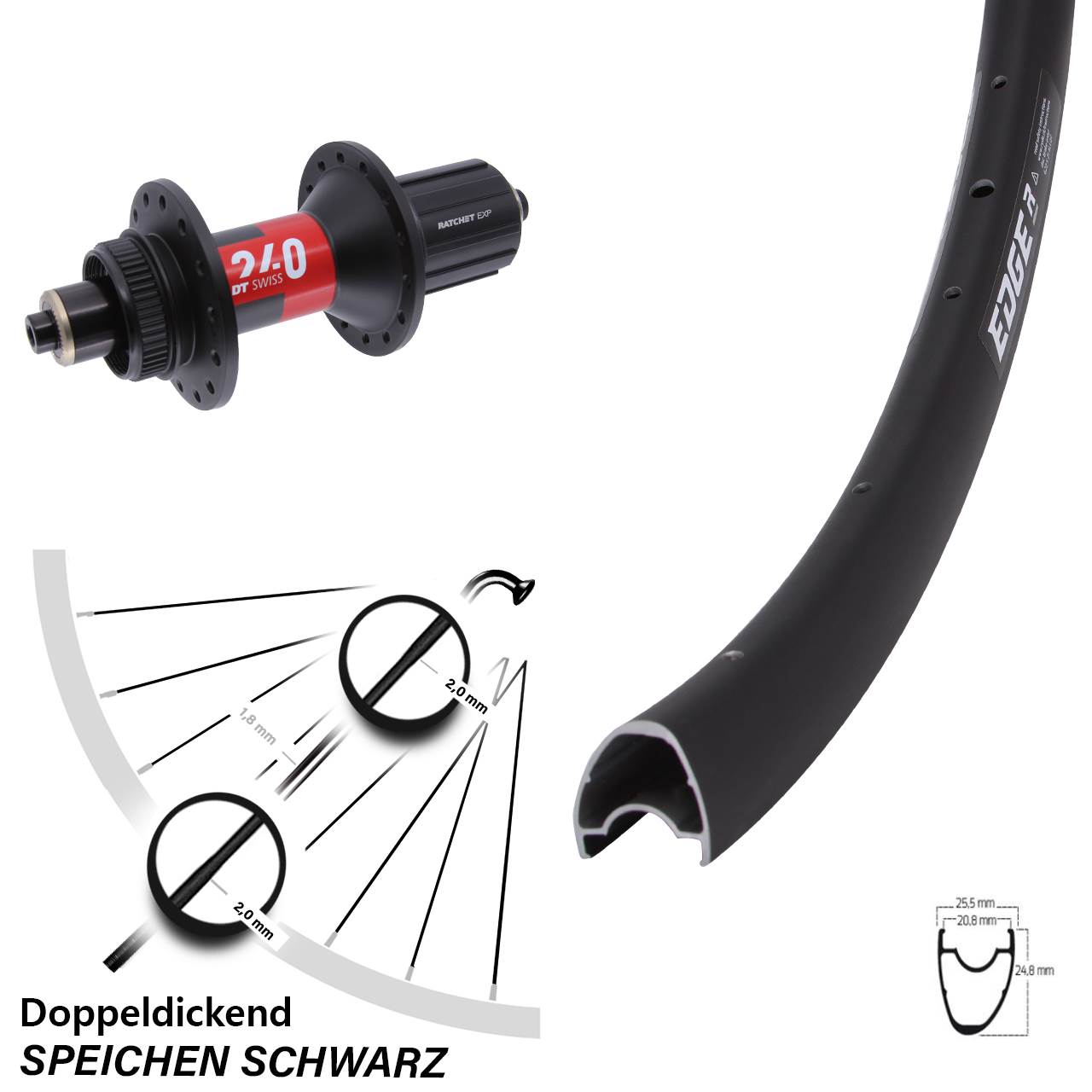 28 Zoll Ryde Edge R25 Offset DT Swiss 240 Hinterrad Centerlock QR 11-12 fach HG