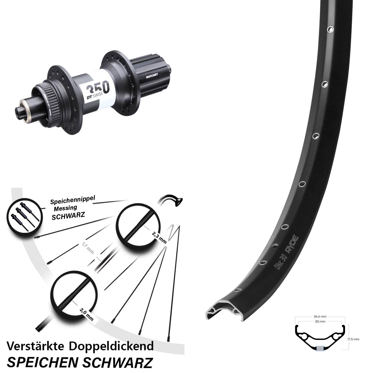 Boost Hinterrad für Schnellspanner 29 Zoll Ryde Disc 30 DT Swiss 350 8-11 fach