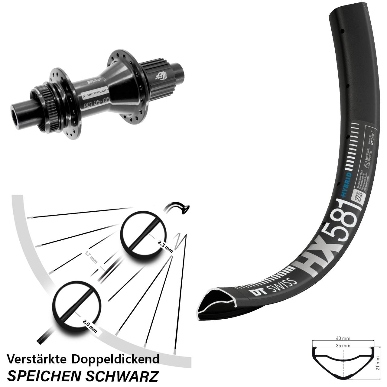 27,5 Zoll DT Swiss HX581-370 Hybrid Centerlock Hinterrad 12x142 Shimano Micro Spline