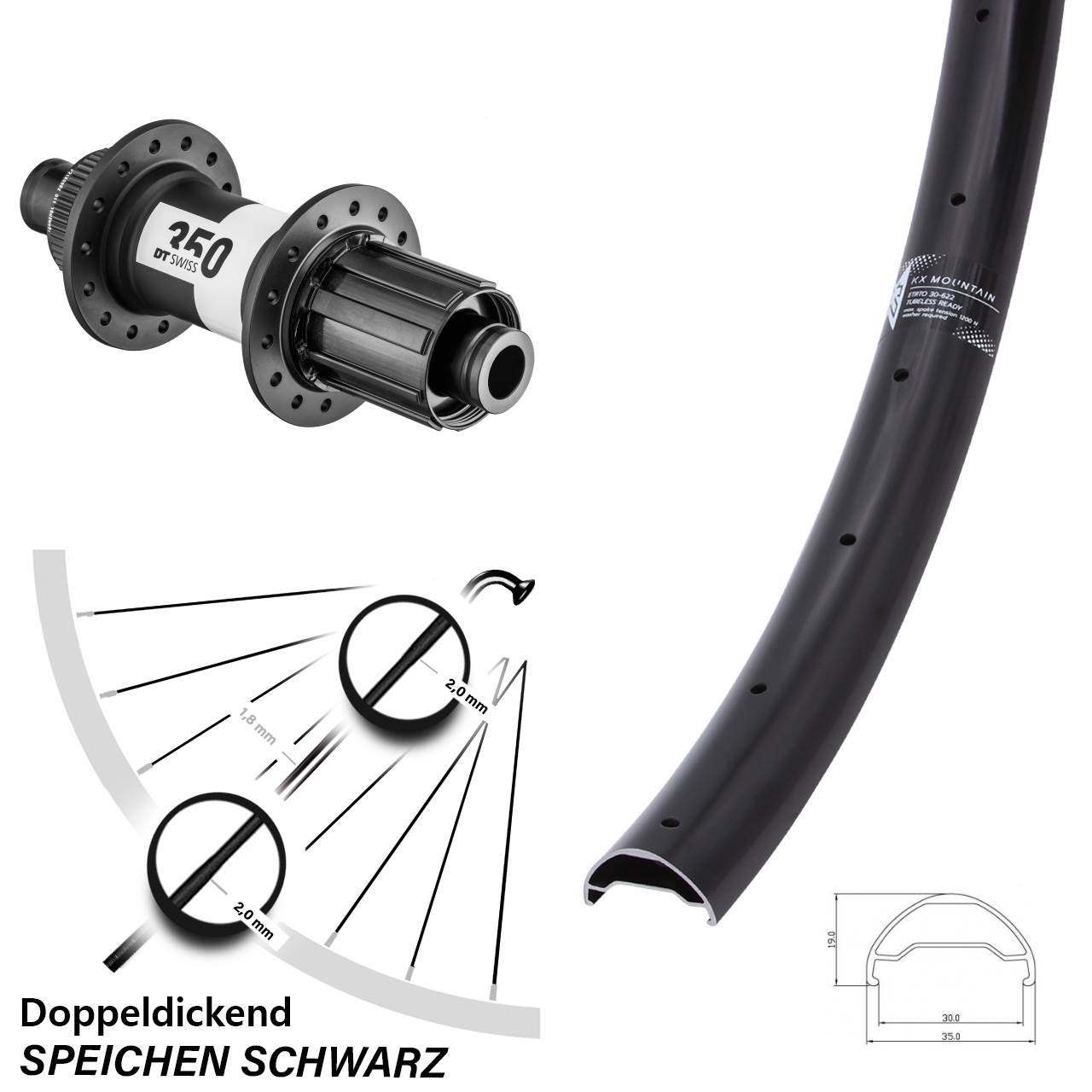 KX Mountain 29 Zoll Hinterrad Boost 12x148 mm DT Swiss 350 11-fach MTB 30-622 ETRTO
