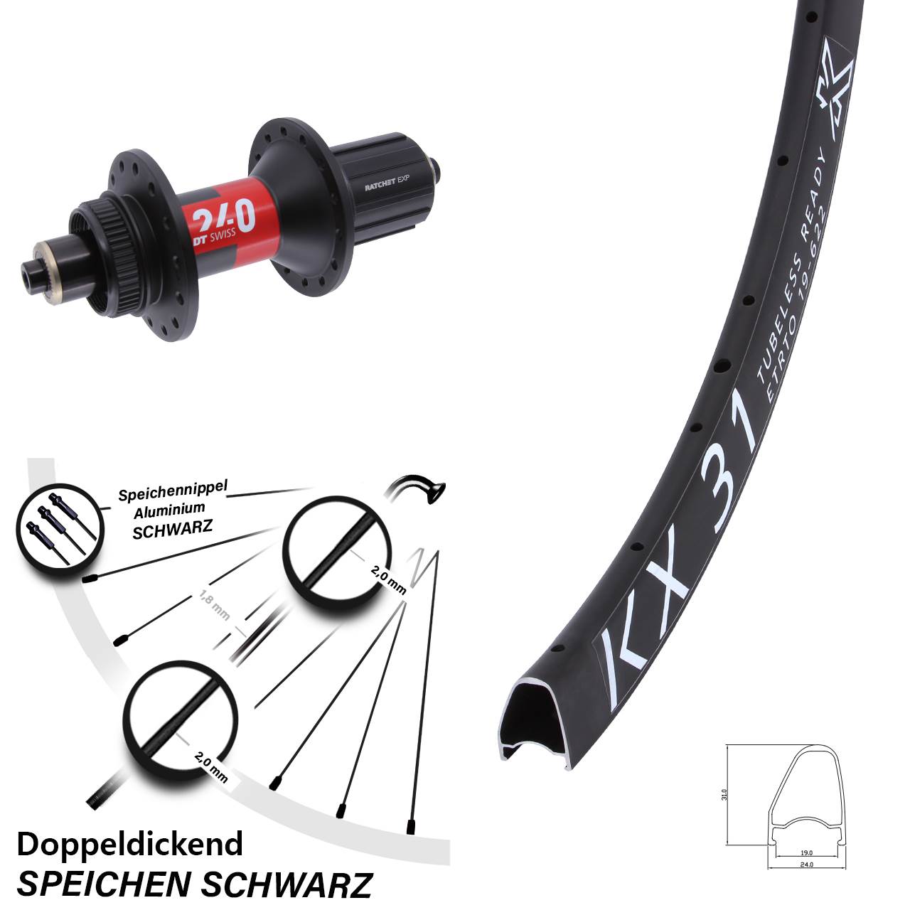 Hinterrad Centerlock QR 28 Zoll KX 31 Offset DT Swiss 240 EXP 11-12 fach HG