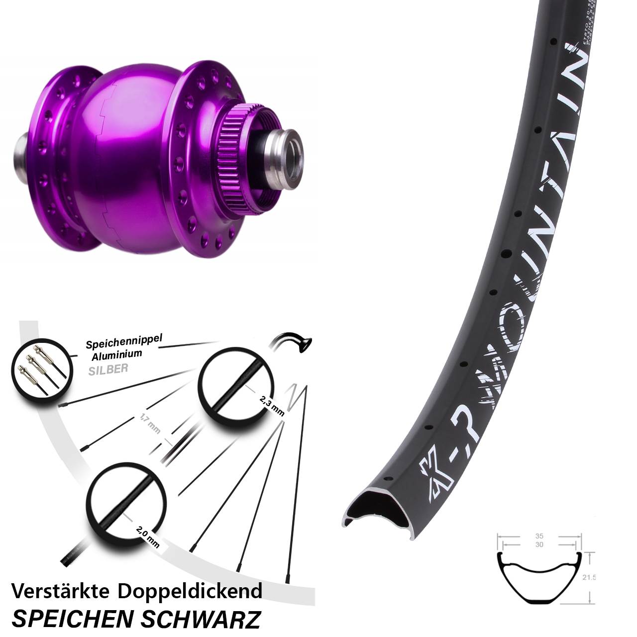 Disc Vorderrad mit Nabendynamo 12x100 29 Zoll KX-R Mountain SON 28 violett