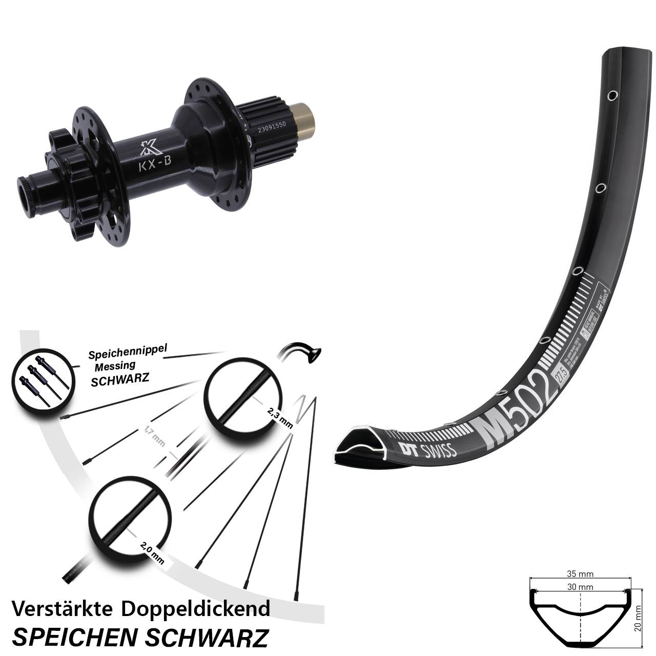 DT Swiss M502 KX-B 27,5 Zoll 6-Loch Hinterrad 12x148 Shimano Micro Spline