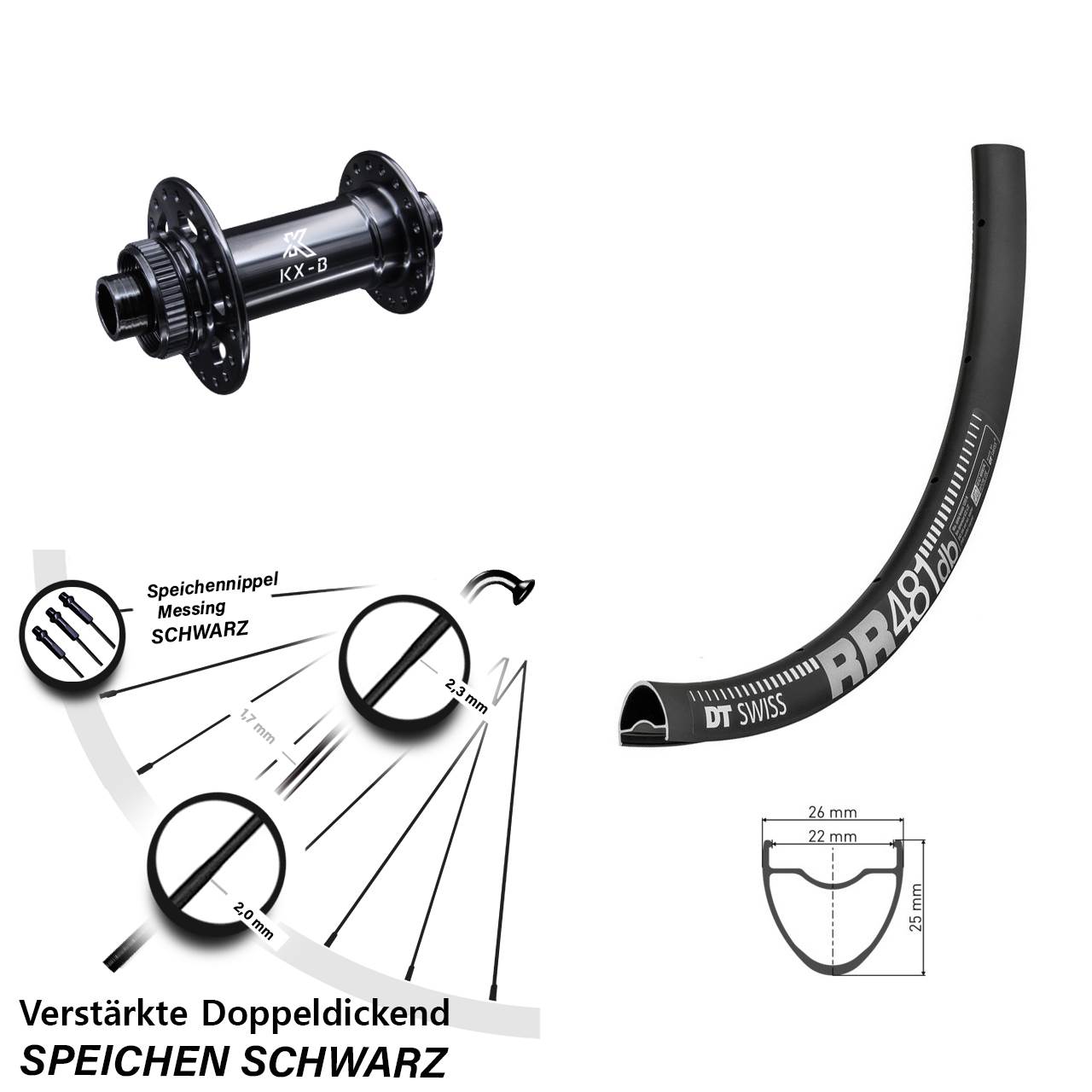 verstärktes Road 28 Zoll Vorderrad DT Swiss RR 481 Disc Centerlock KX-Boost 12x110 mm