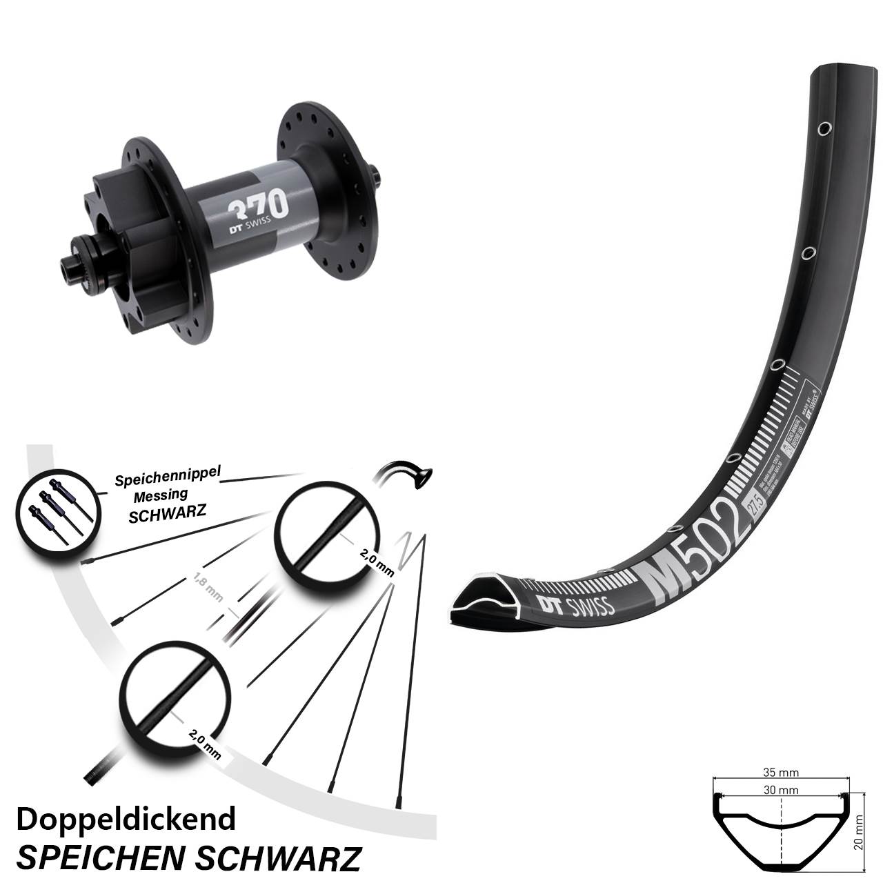 DT Swiss M 502-370 29 Zoll 6-Loch Vorderrad für Schnellspanner