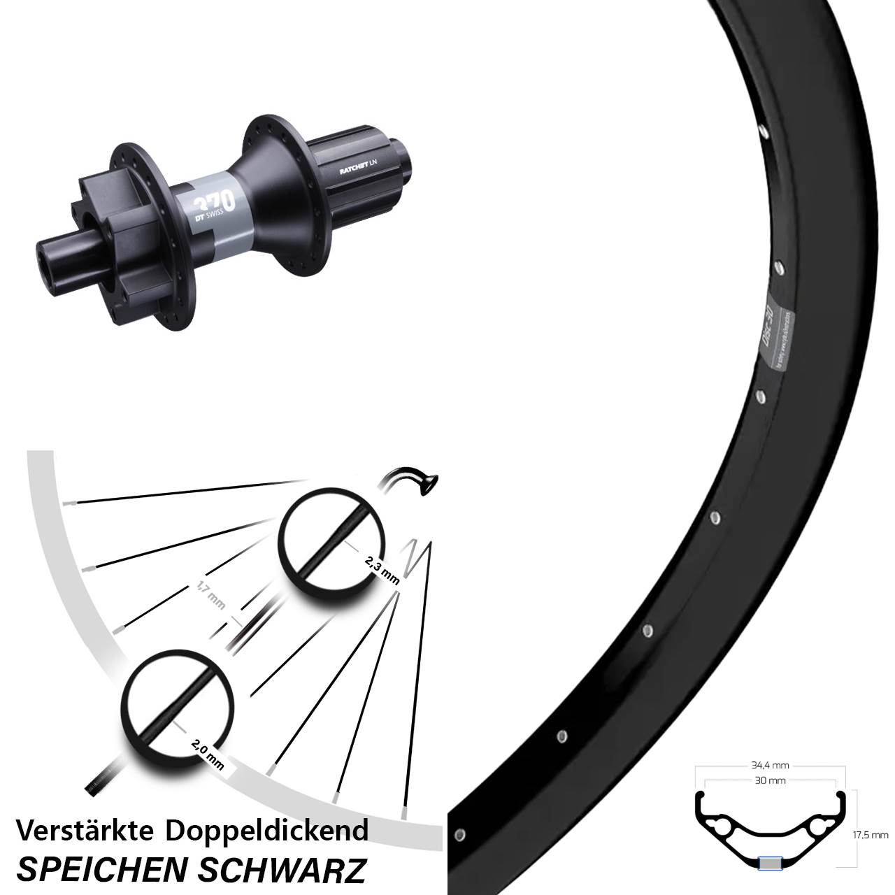 27,5 Zoll Ryde Disc 30 DT Swiss 370 6-Loch Hinterrad 12x142 8-11 fach