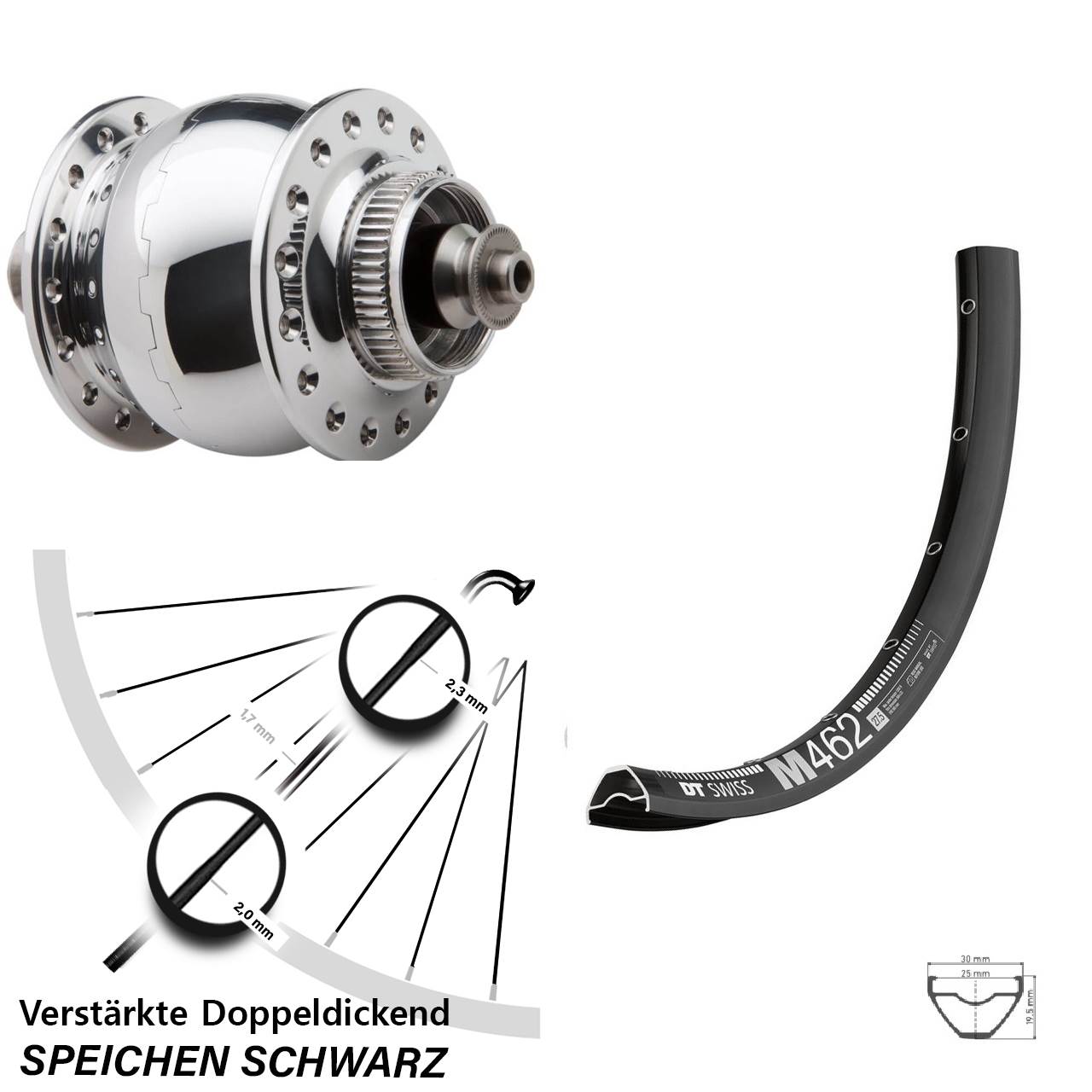 Nabendynamo-Vorderrad Centerlock 27,5 Zoll DT Swiss M462 SON 28 poliert QR