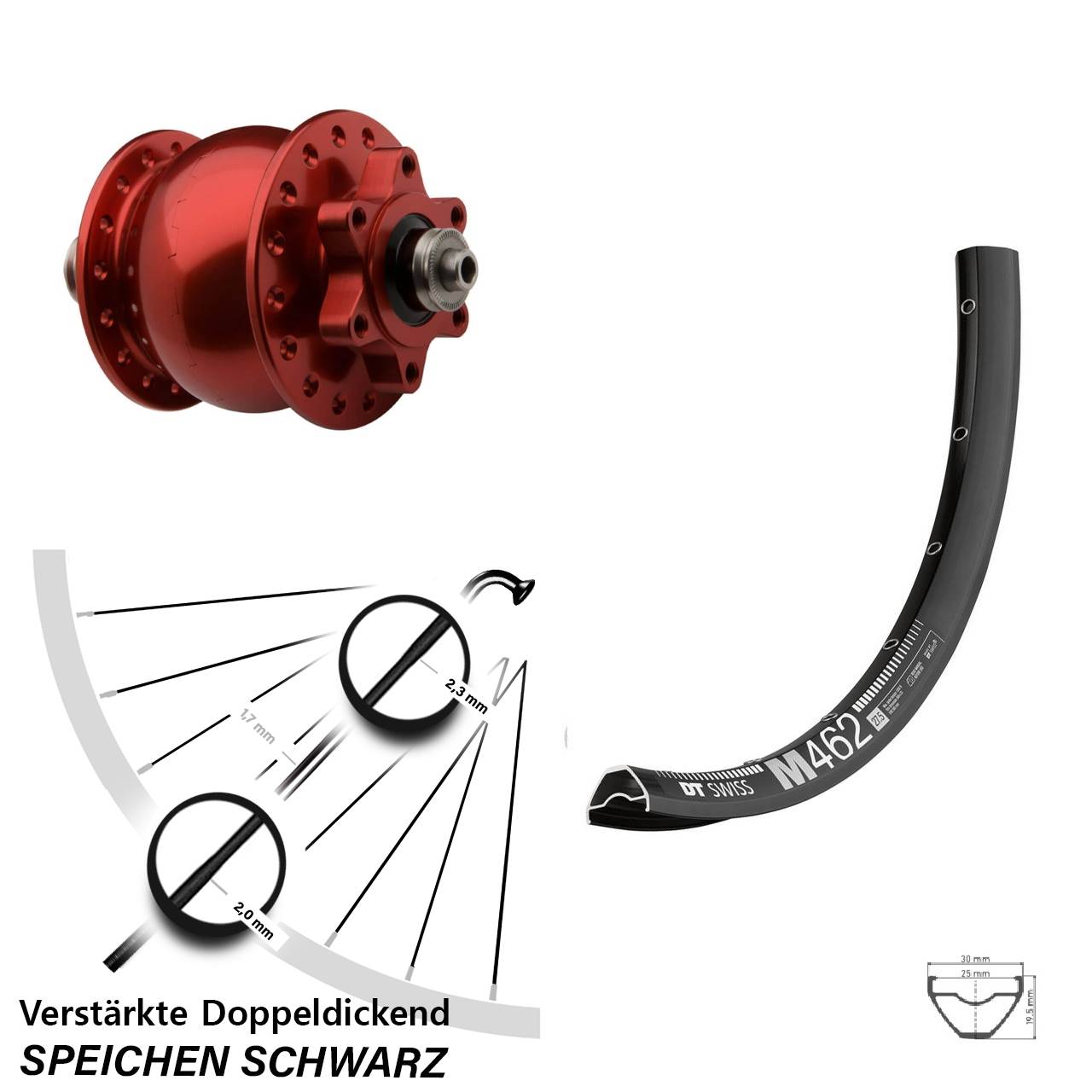 650B DT Swiss M 462 SON 28 rot 6-Loch Nabendynamo-Vorderrad für Schnellspanner