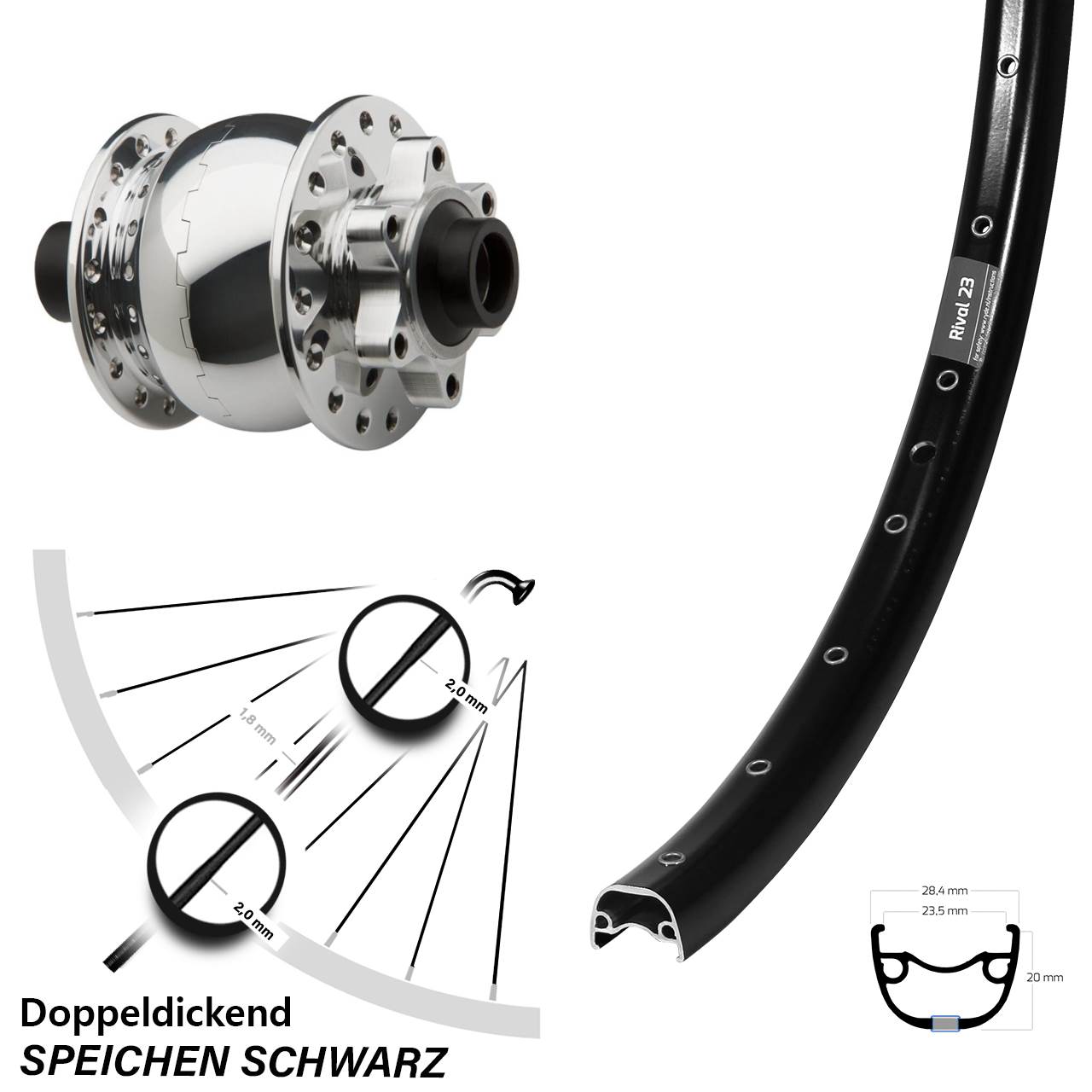 SON 28 Ryde Rival 23 27,5 Zoll Disc Vorderrad mit Nabendynamo 15x100